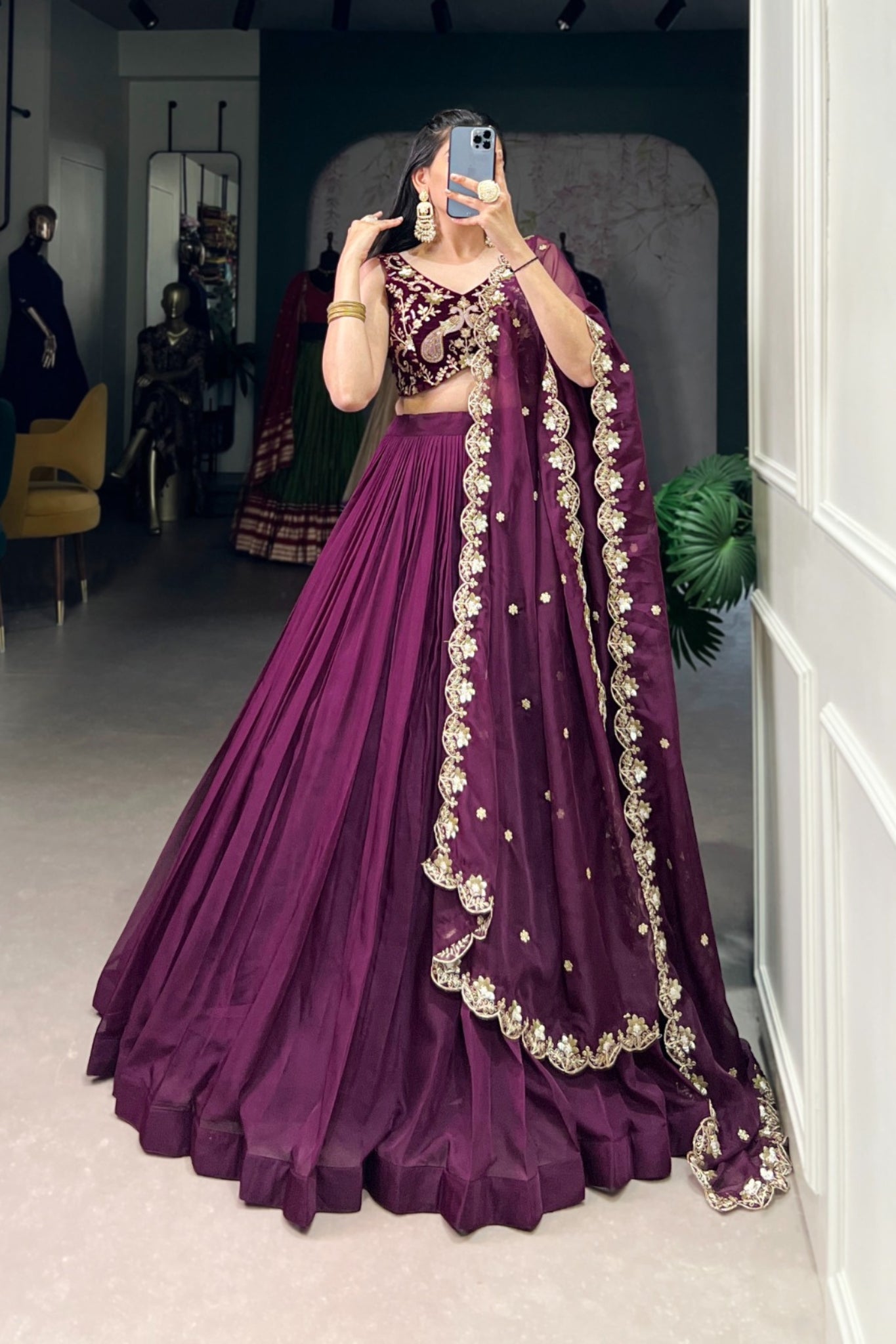Stunning Wine Organza Lehenga With Thread Embroidered Velvet Blouse