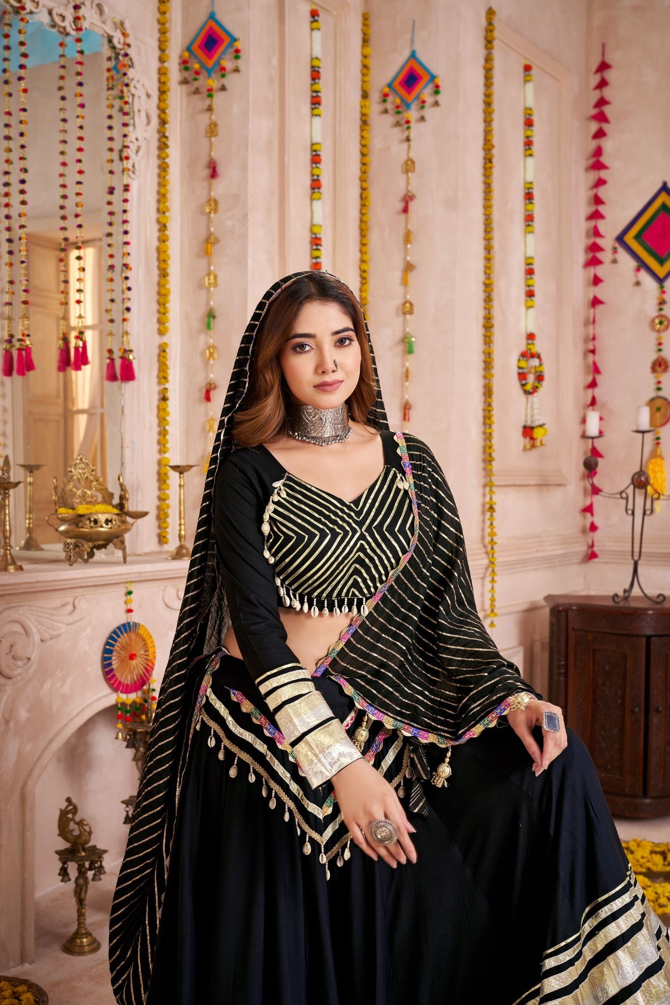 Black Handmade Designer Navratri Lehenga Choli With Jacquard Dupatta