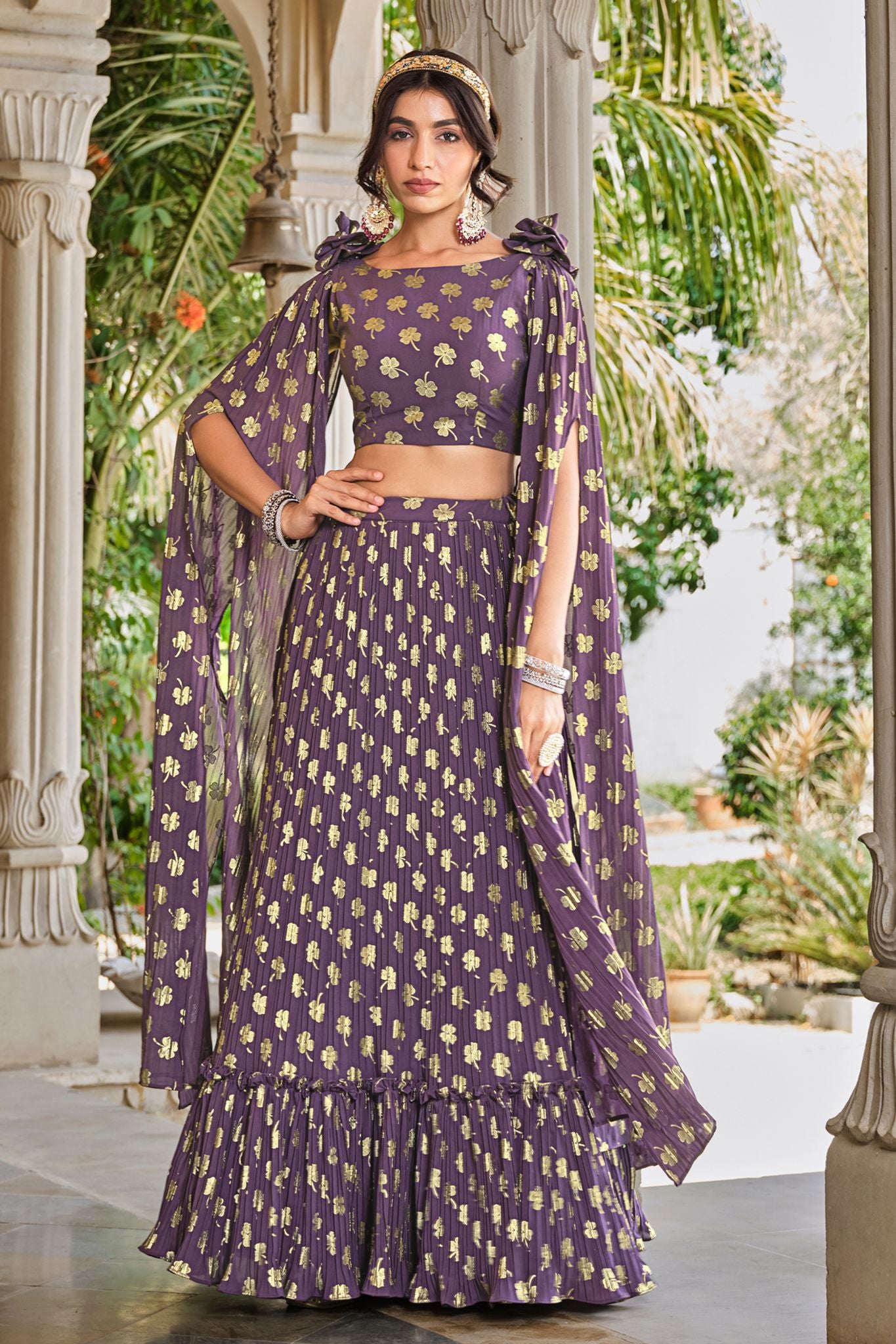 Georgette Metallic Foil Work Light Purple Designer Lehenga Choli