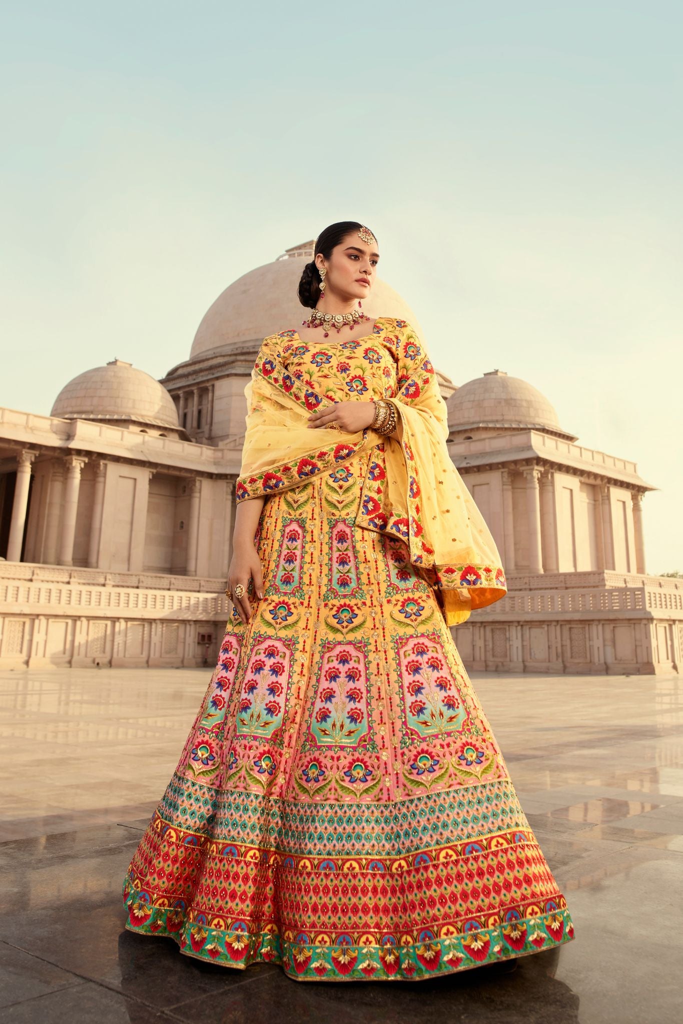 Yellow Embroidery With Print And Diamond Work Bridal Lehenga For Wedding