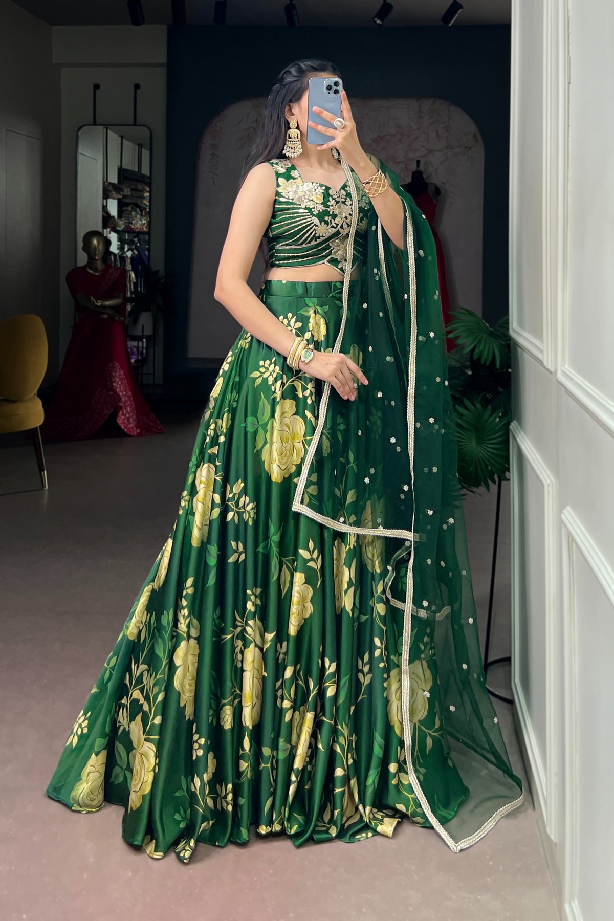 Green Satin Silk Floral Print Designer Embroidered Lehenga Choli