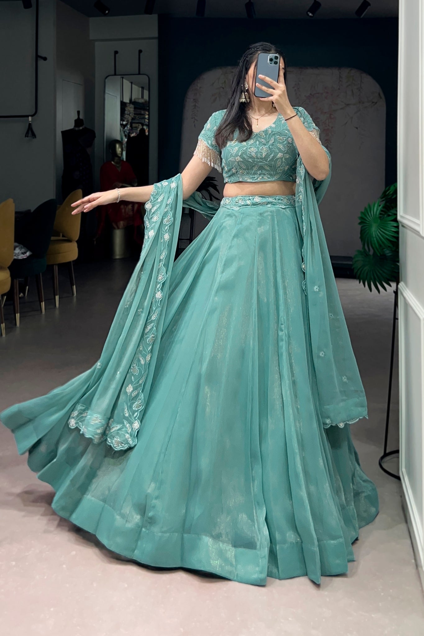 Premium Sea Green Beads With Thread Embroidered Work Lehenga Choli