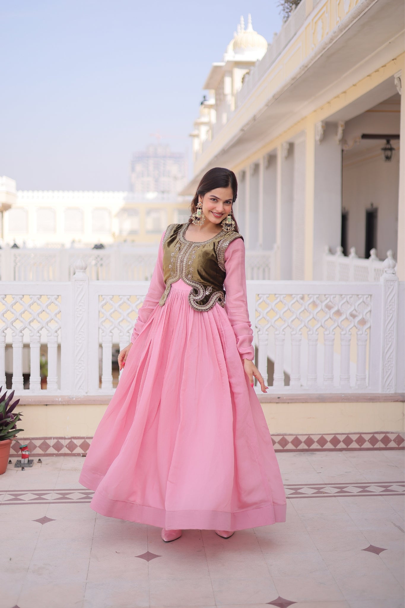 Mal Chanderi Anarkali Gown With Velvet Koti For Women