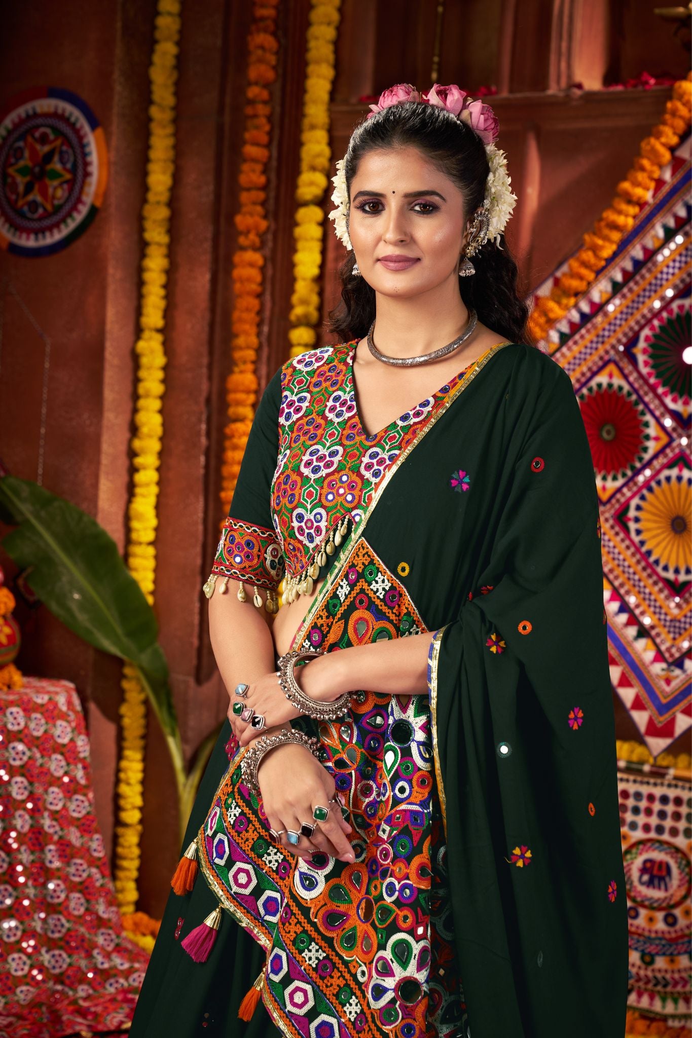 Premium Designer Green Viscose Cotton Thread With Mirror Work Navratri Lehenga CHoli