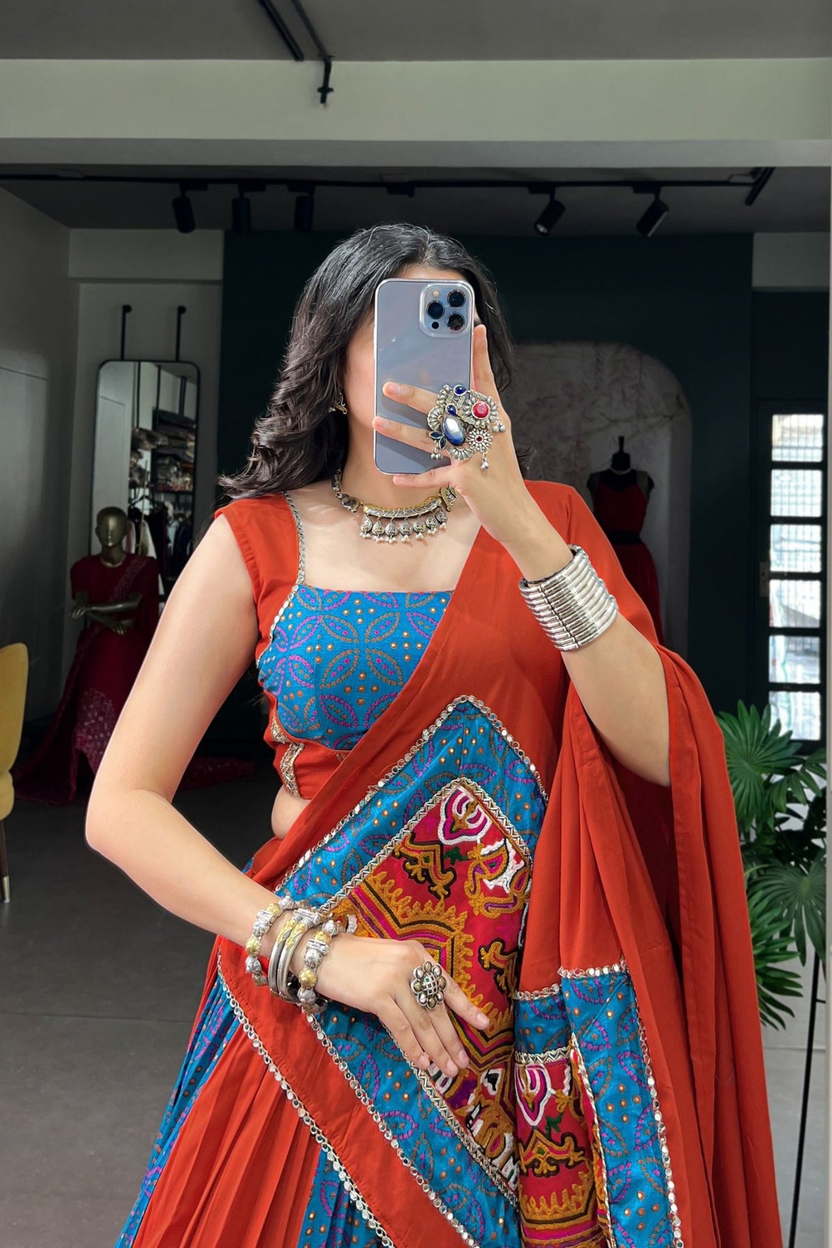 Tasar Silk Navratri Lehenga Choli With Gamthi & Mirror Work