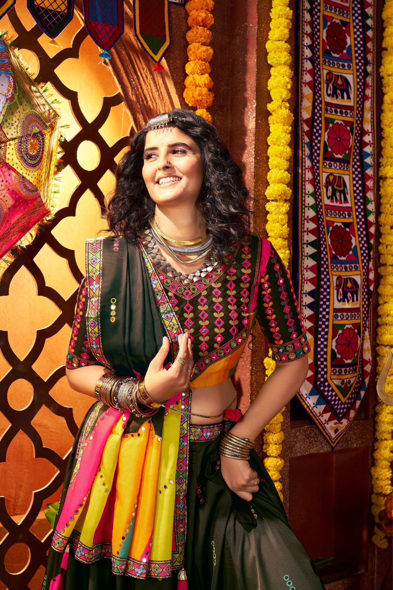 Designer Black Navratri Lehenga Choli Print With Mirror And Embroidery Work