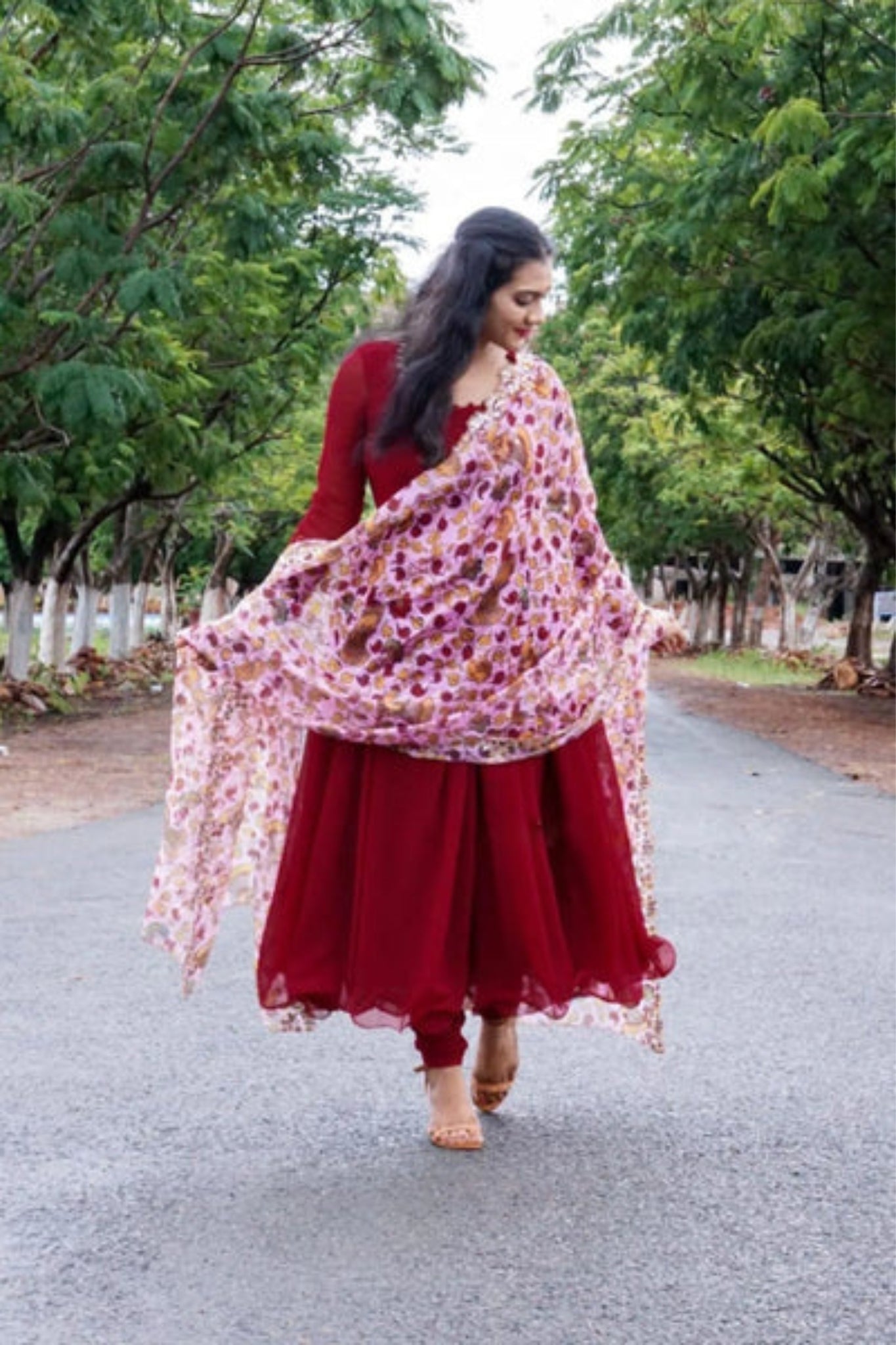 Maroon Georgette Plain Anarkali Suit With Dupatta