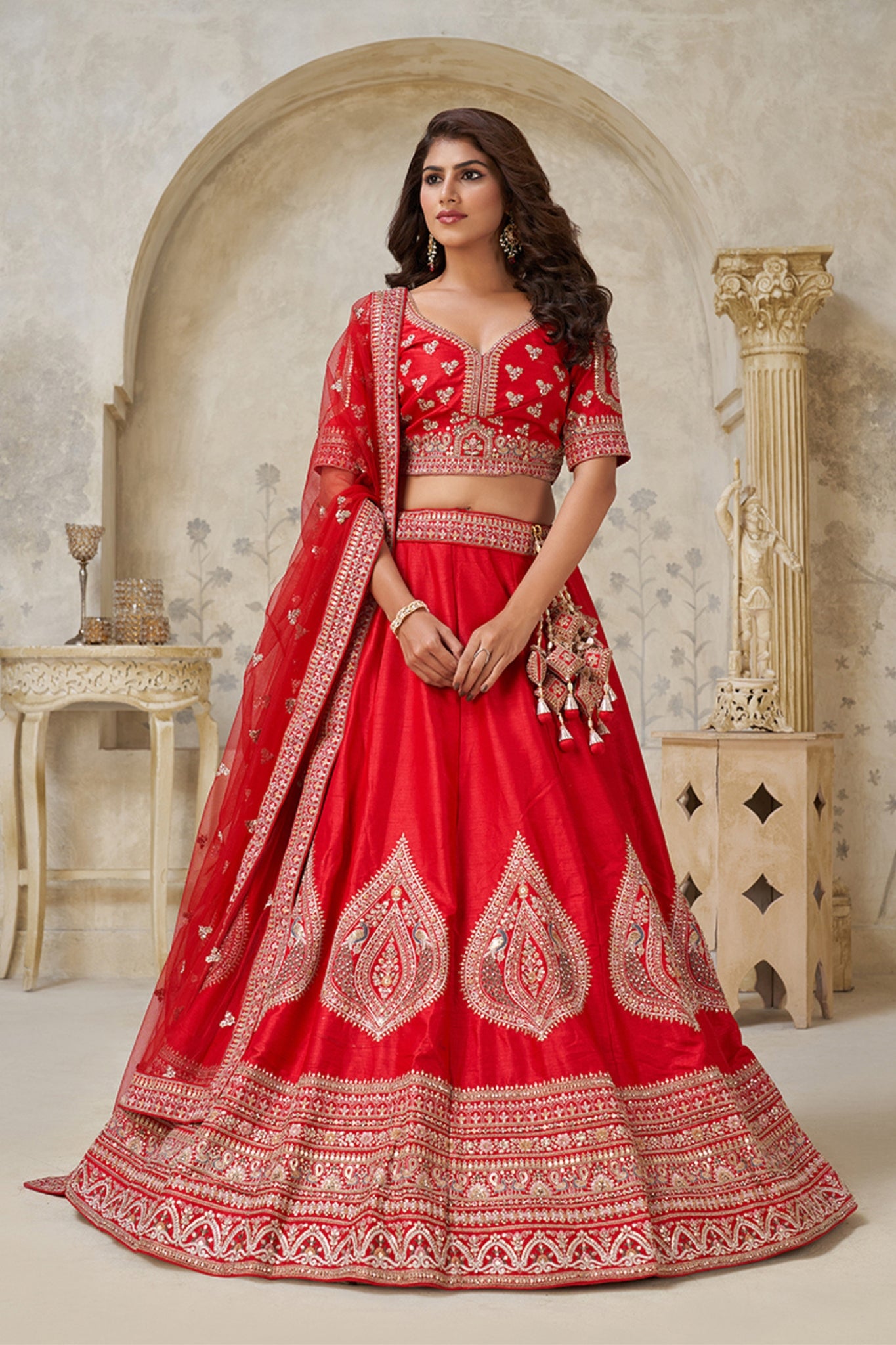 Crimson Elegance Minimalist Peacock And Leaf Motif Bridal Lehenga