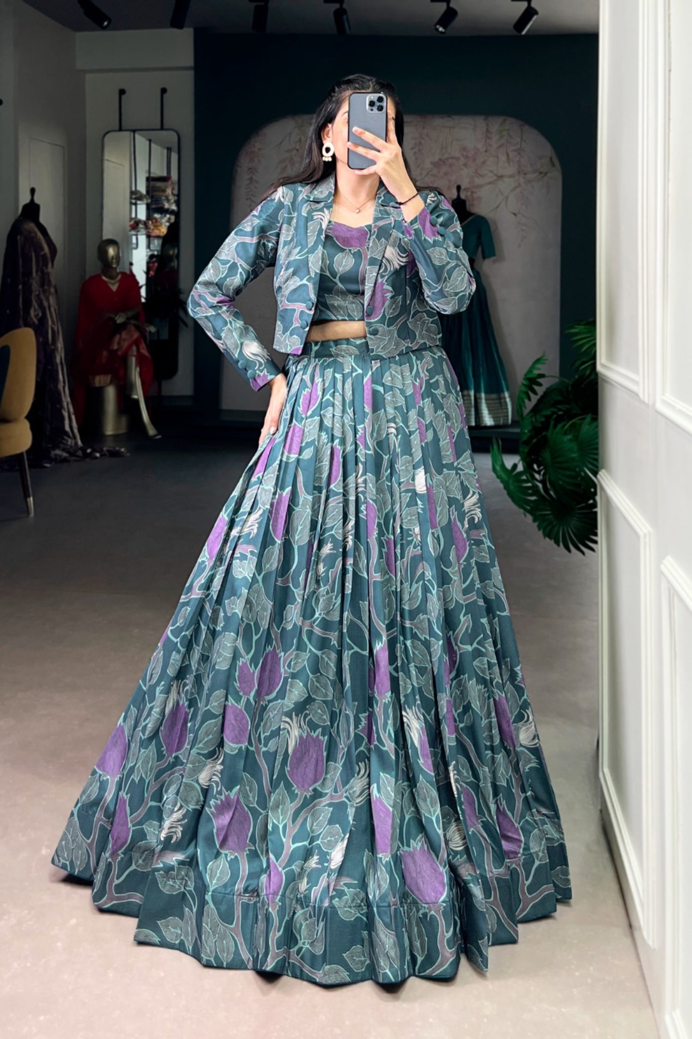 Premium Tasar Silk Printed Co Ord Lehenga Set With Koti