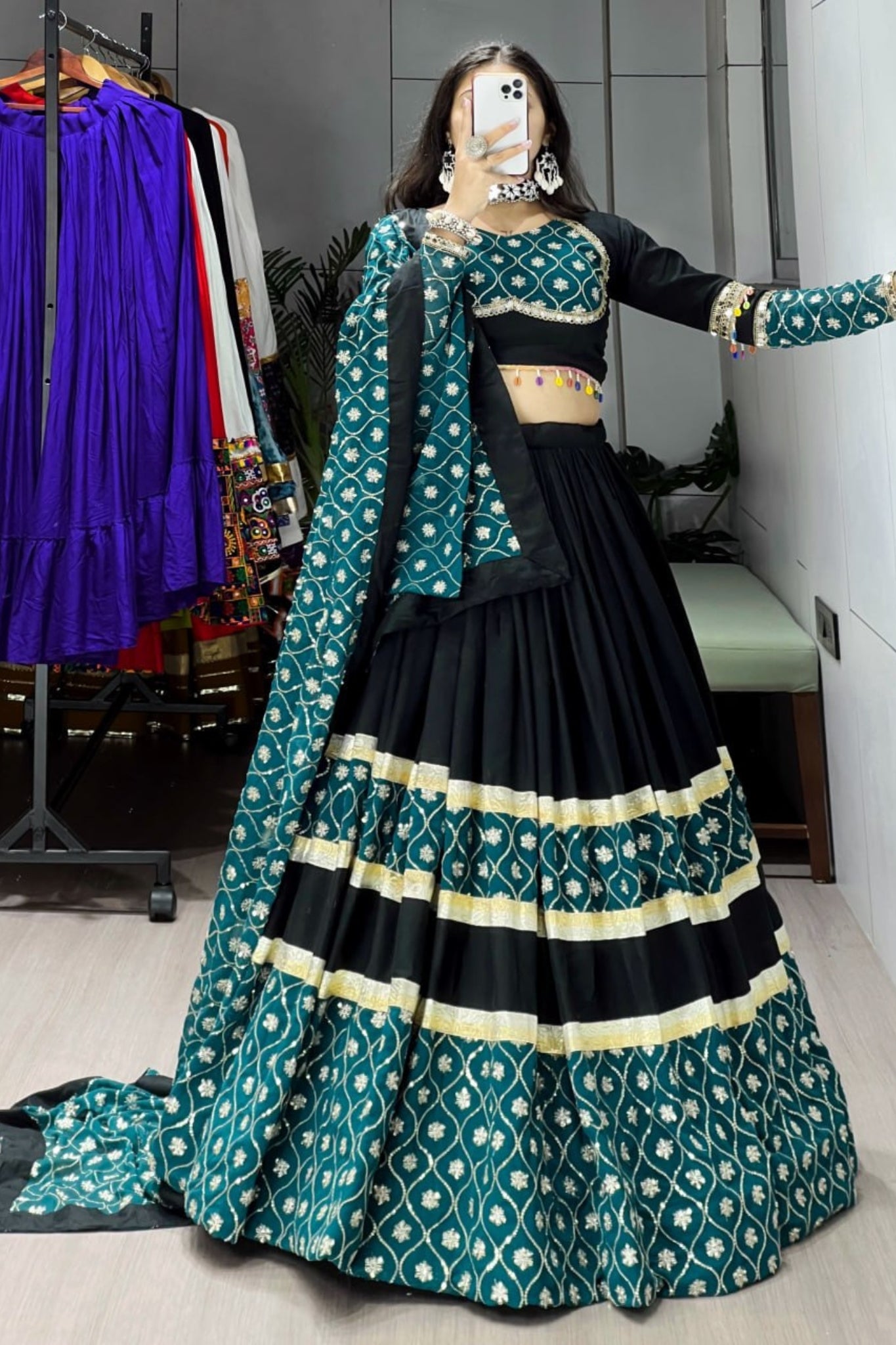 Raasrang Designer Black And Teal Embroidered Navratri Lehenga Choli