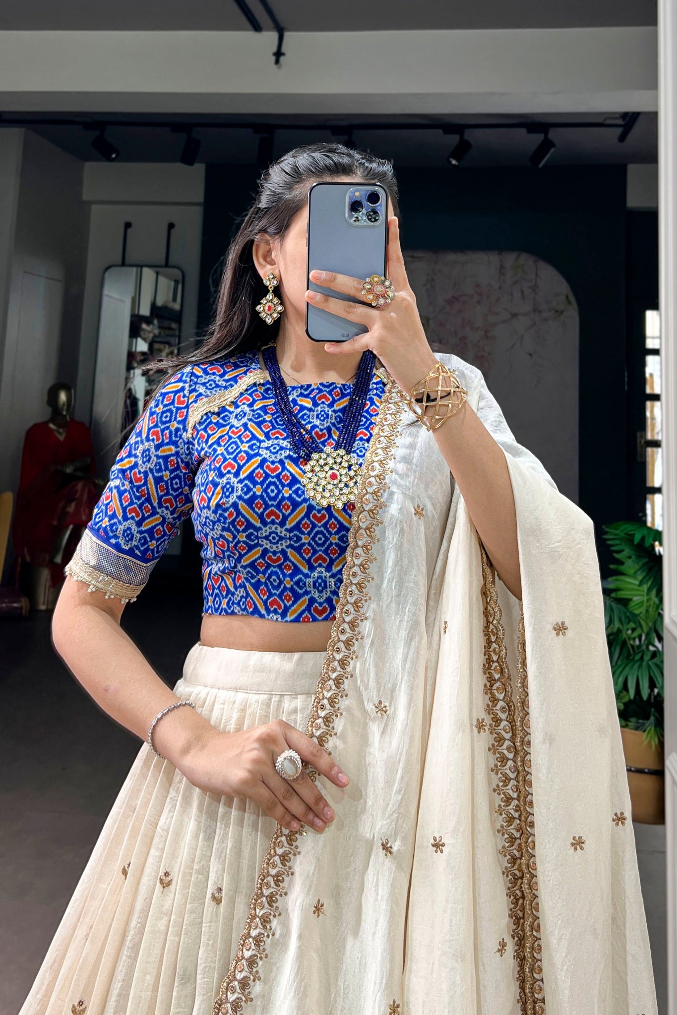 Designer Ivory And Royal Blue Embroidered Lehenga Choli For Women
