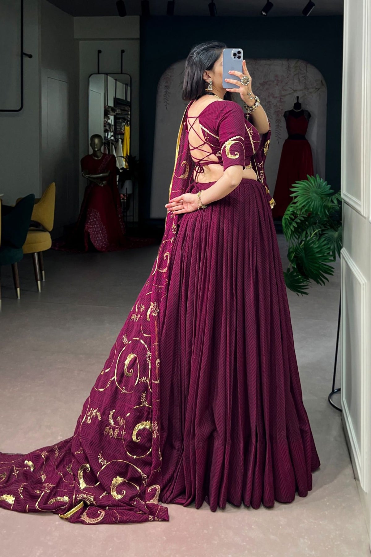 Wine Lightweight Designer Sequins Thread Embroidery Work Garba Lehenga Choli