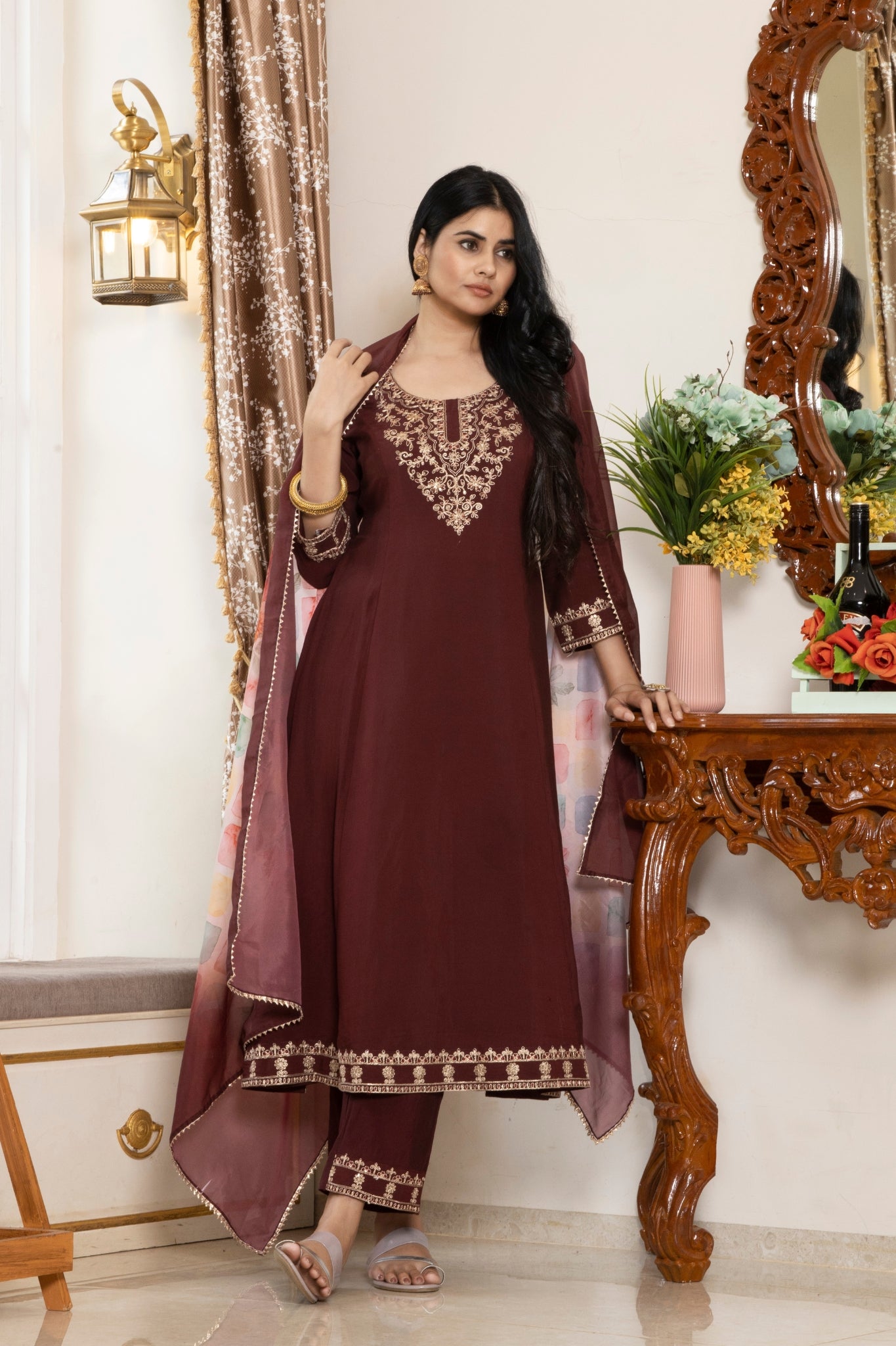 Maroon Straight-Cut Kurta Set With Gold Embroidery And Sheer Dupatta