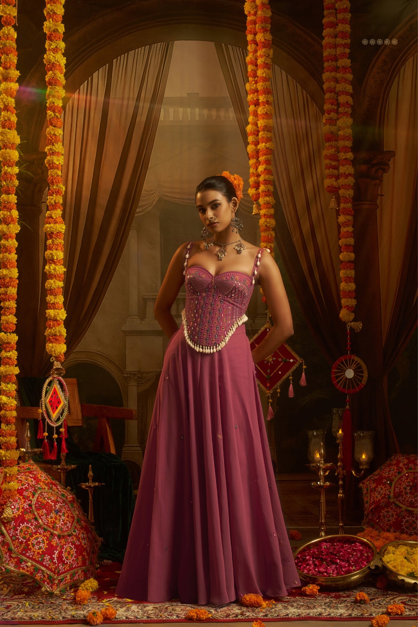 Pink Georgette Designer Festive Set With Mirror And Shell Handwork