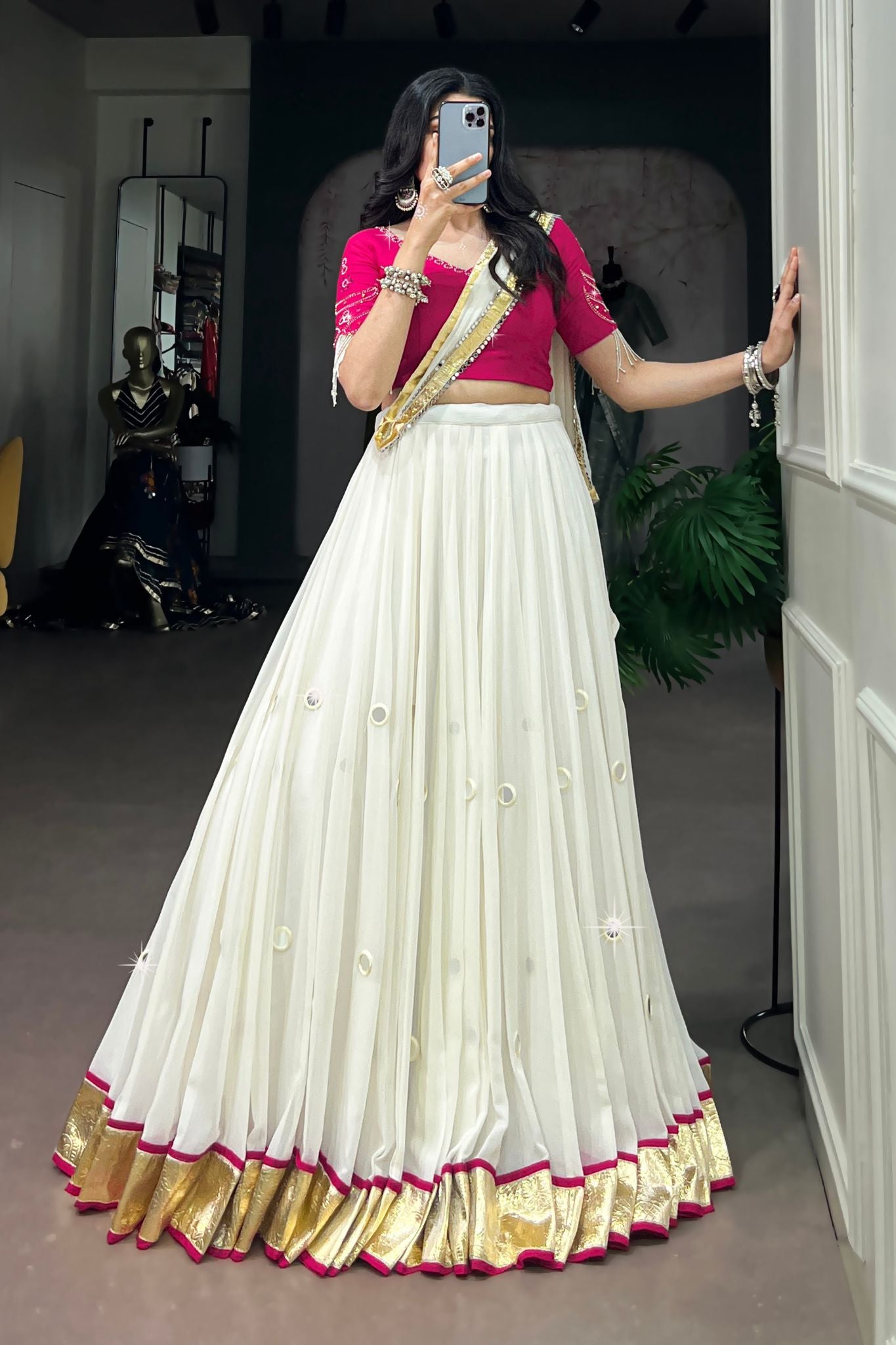 Raasrang Moonlight White Navratri Designer Lehenga Choli With Pink Blouse