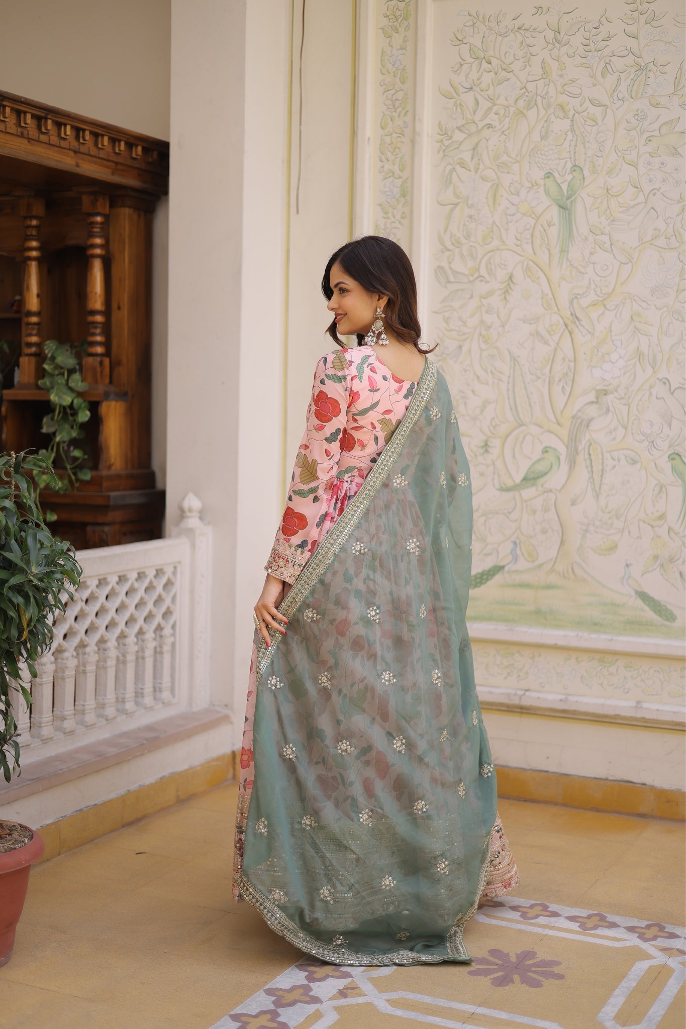 Designer Zari Sequins Embroidery With Printed Russian Silk Anarkali Suit