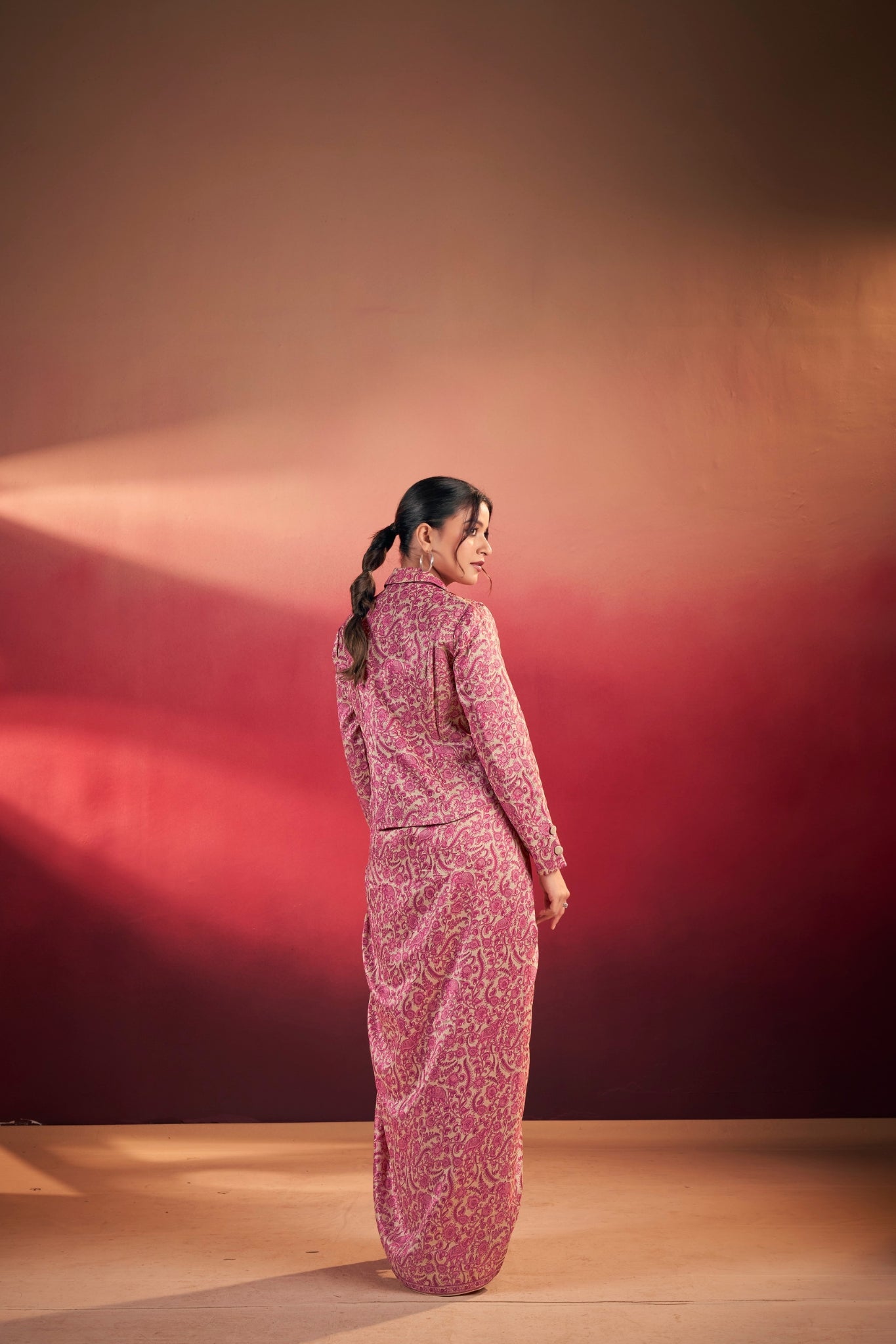 Premium Printed Tasar Silk Co-Ord Set With Draped Skirt & Tailored Jacket