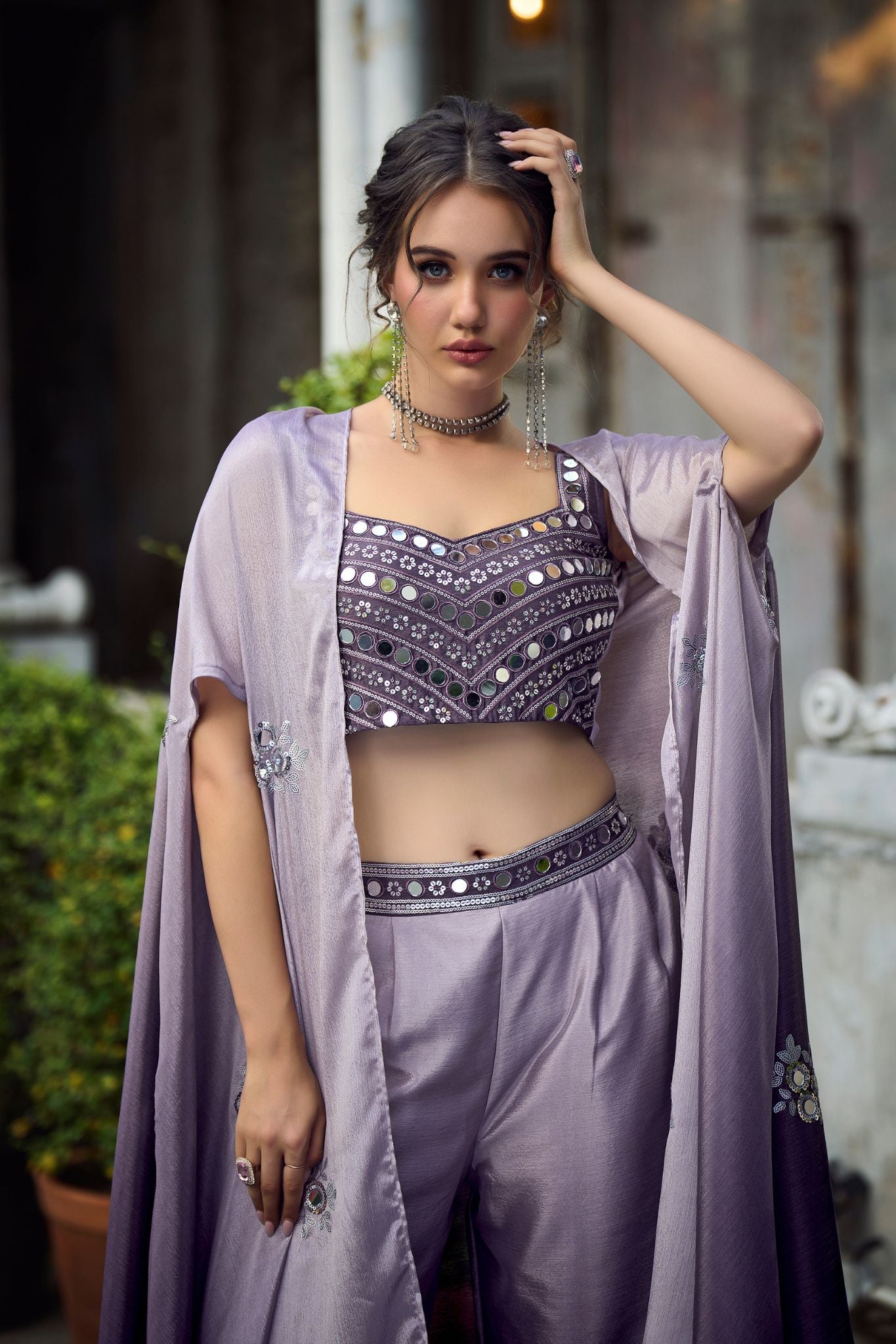 Purple Embroidered Readymade Suit Set