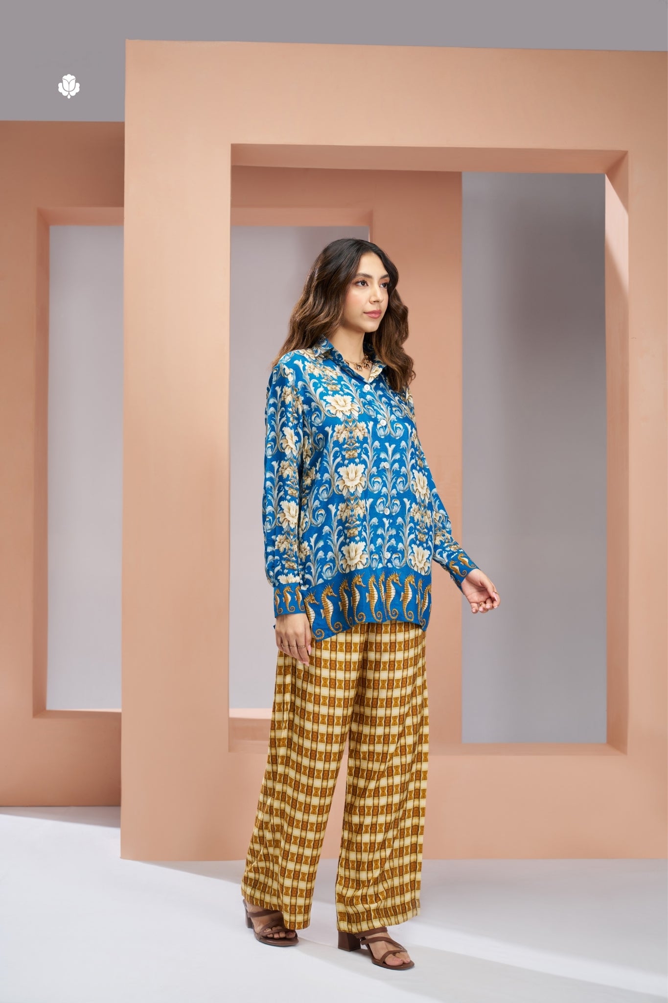 Royal Blue Floral Designer Pure Muslin Silk Co Ord Set