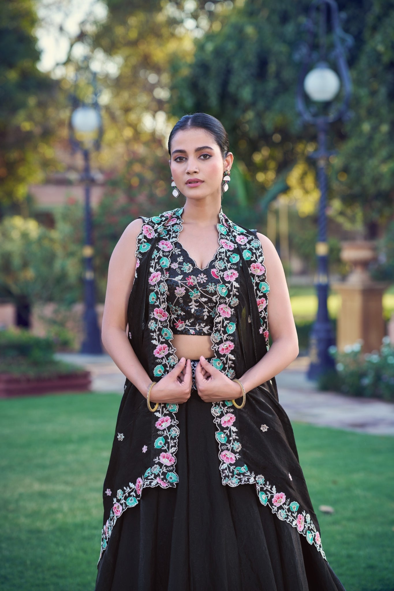 Black Fendi Fabric Lehenga Choli For Women With Sequins And Thread Embroidery