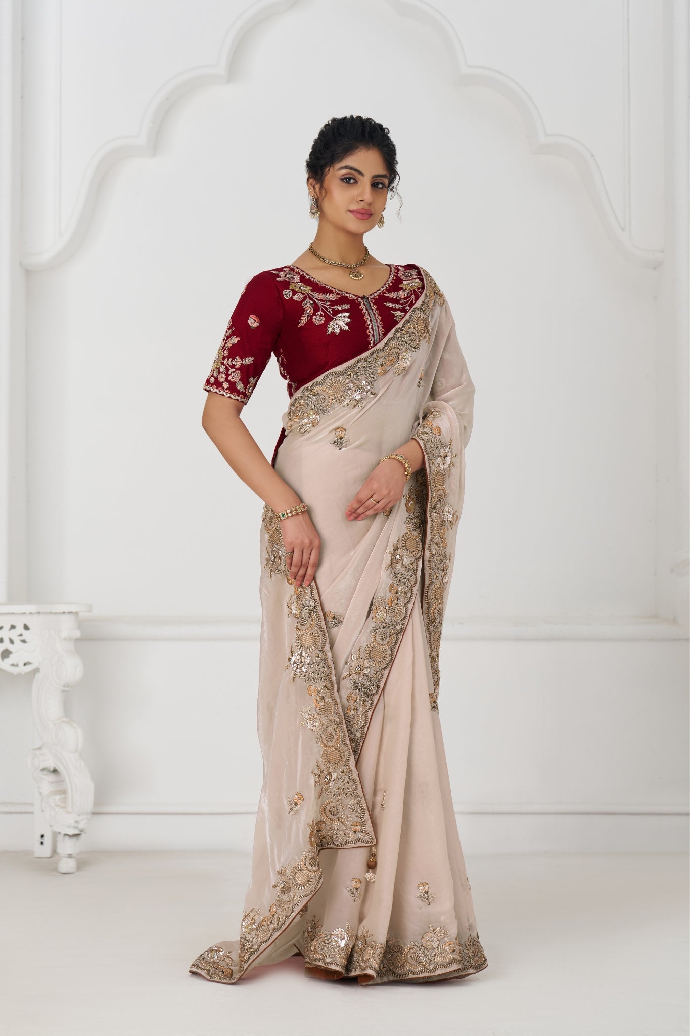 Premium Pure Fendi Silk Designer Chiku Wedding Saree