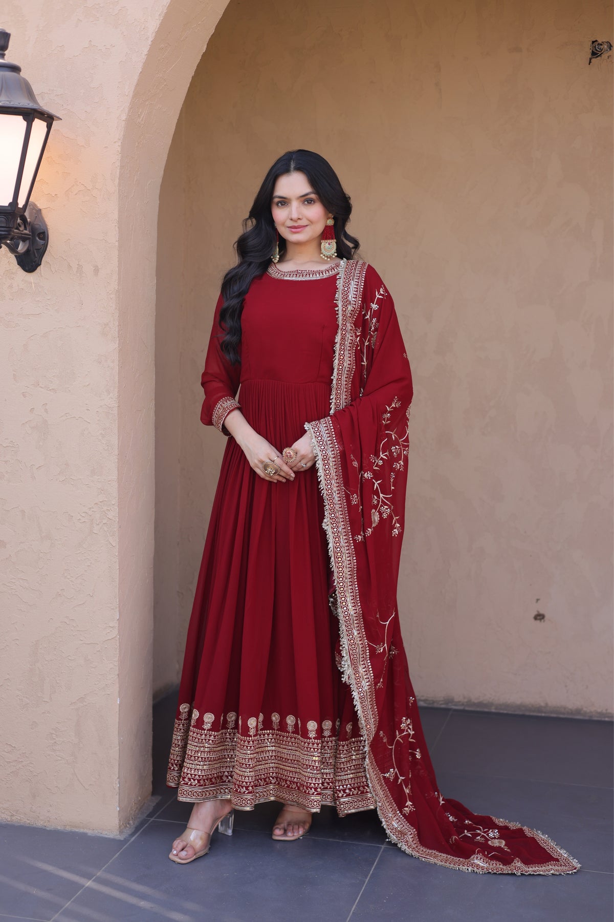 Maroon Designer Anarkali Gown with Dupatta Set