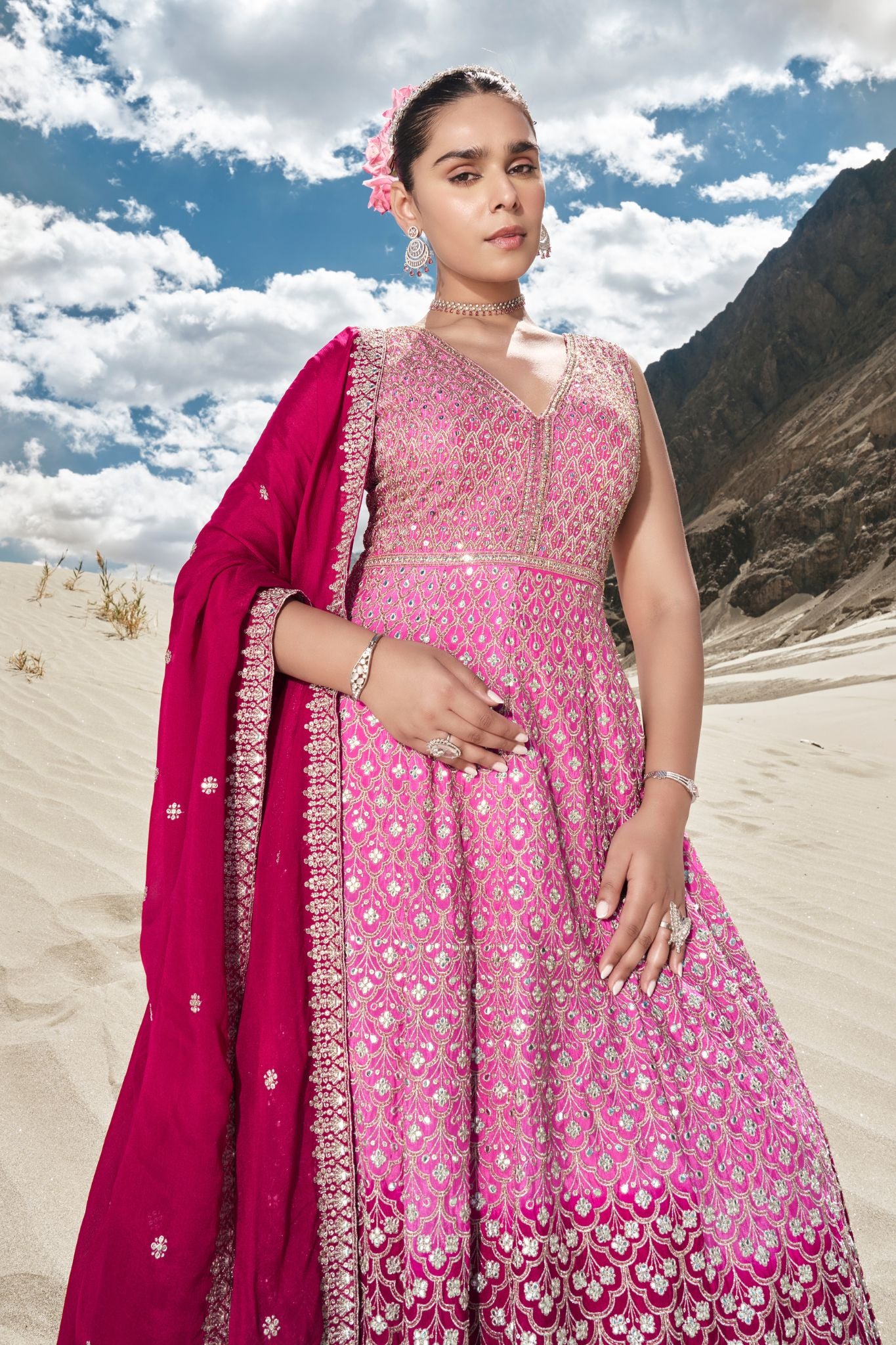 Pink Beautiful Sequins Embroidered With Khatli Work Women Wedding Gown