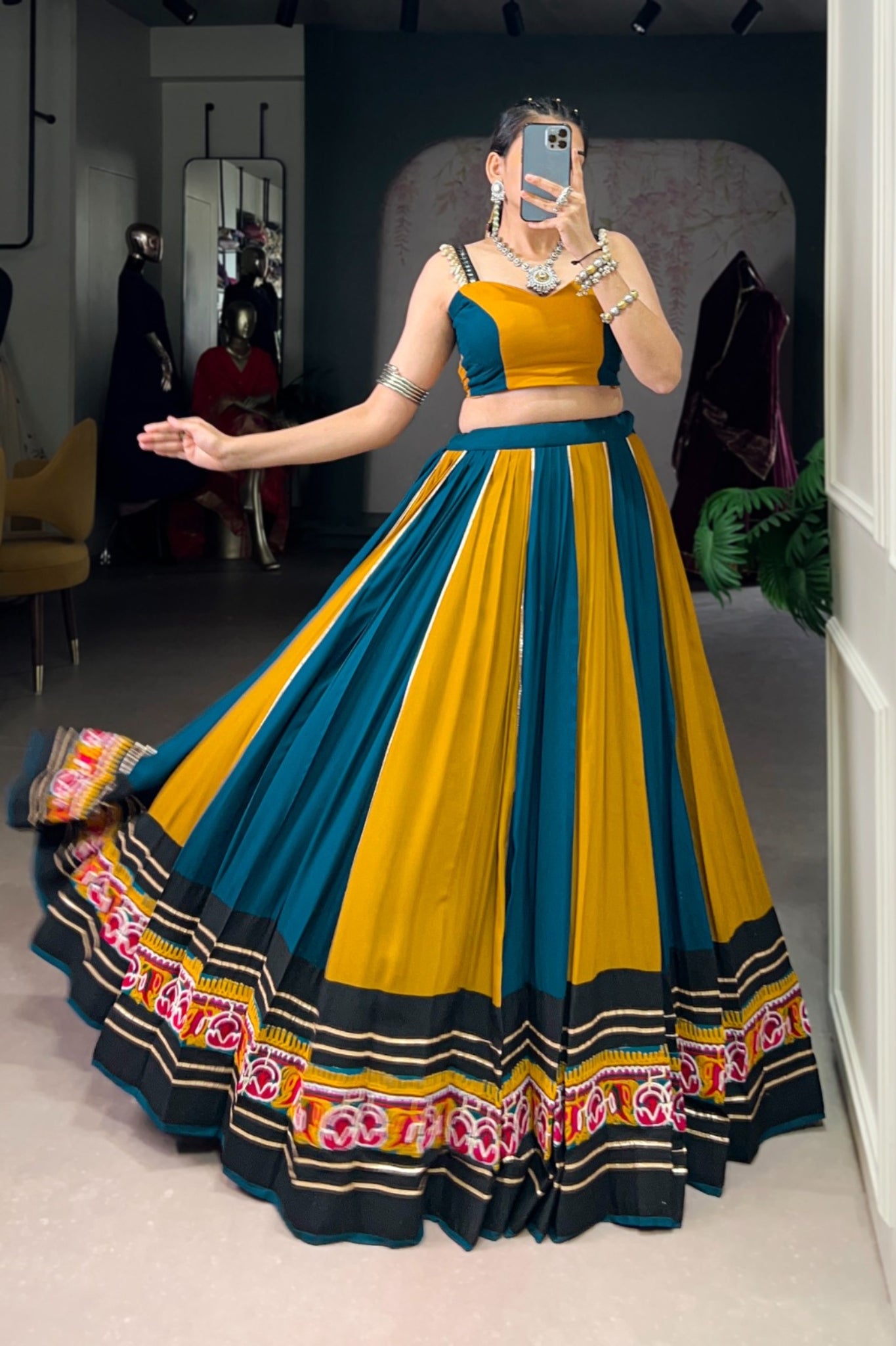 Mustard Pure Rayon Gamthi Work With Gotta Patti Lace Touch Up Navratri Lehenga Choli