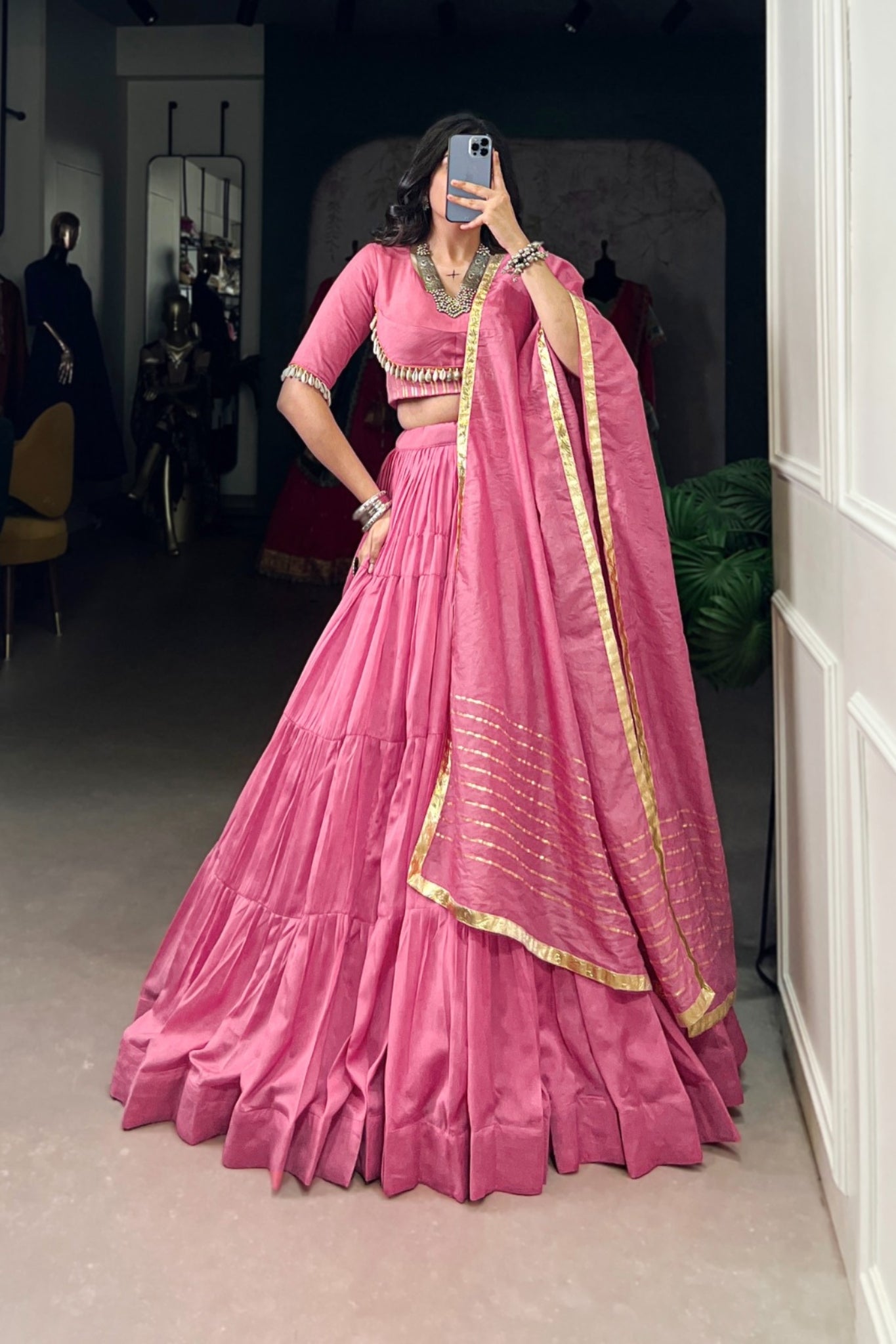 Light Pink Pure Chanderi Navratri Designer Beautiful Lehenga Choli