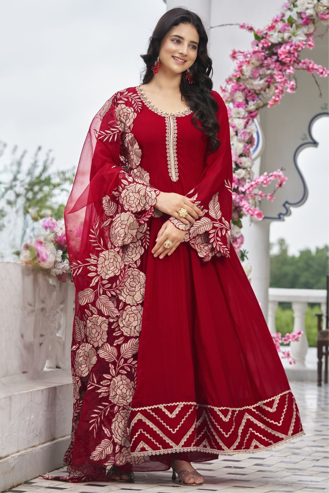 Red Beautiful Embroidered Work Women Anarkali Suit Set