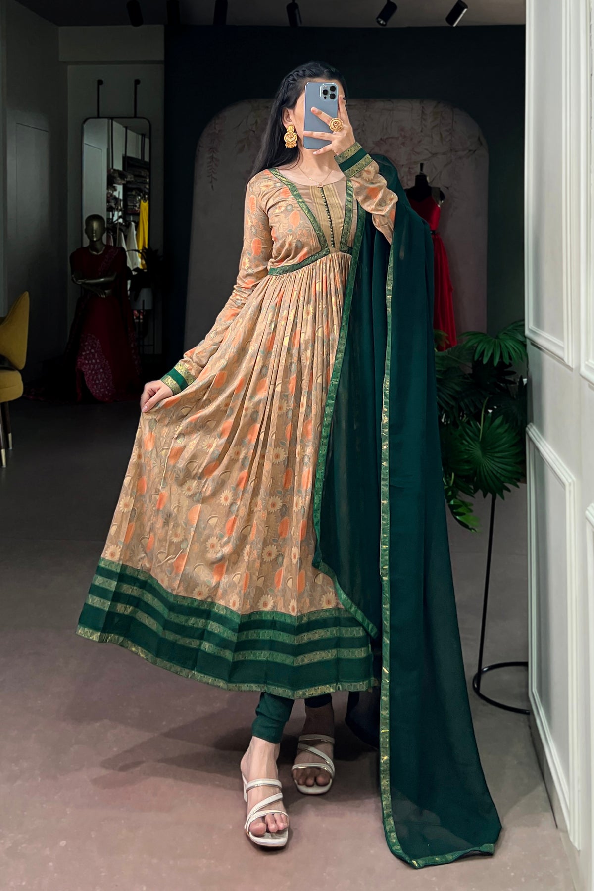 Tasar Silk Floral Print Anarkali Dress with Foil Work & Georgette Lace Border Dupatta