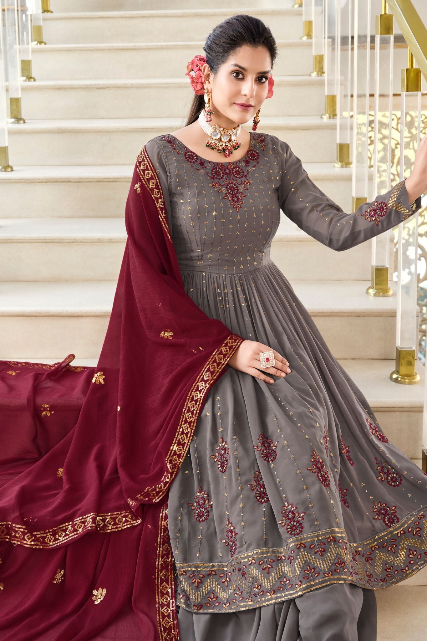 Grey Georgette Designer Embroidered Work Women Suit Set