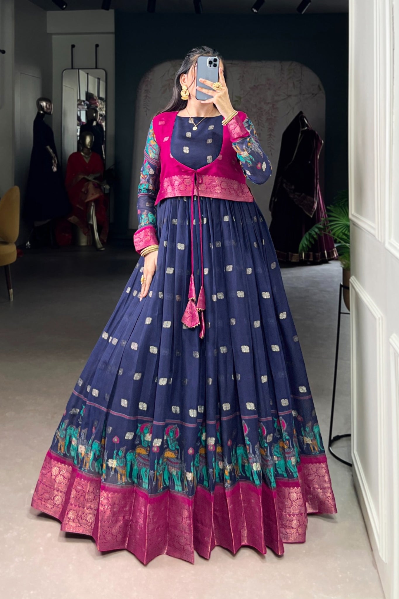 Kalamkari Printed Poly Cotton Zari Weaving Work Designer Gown