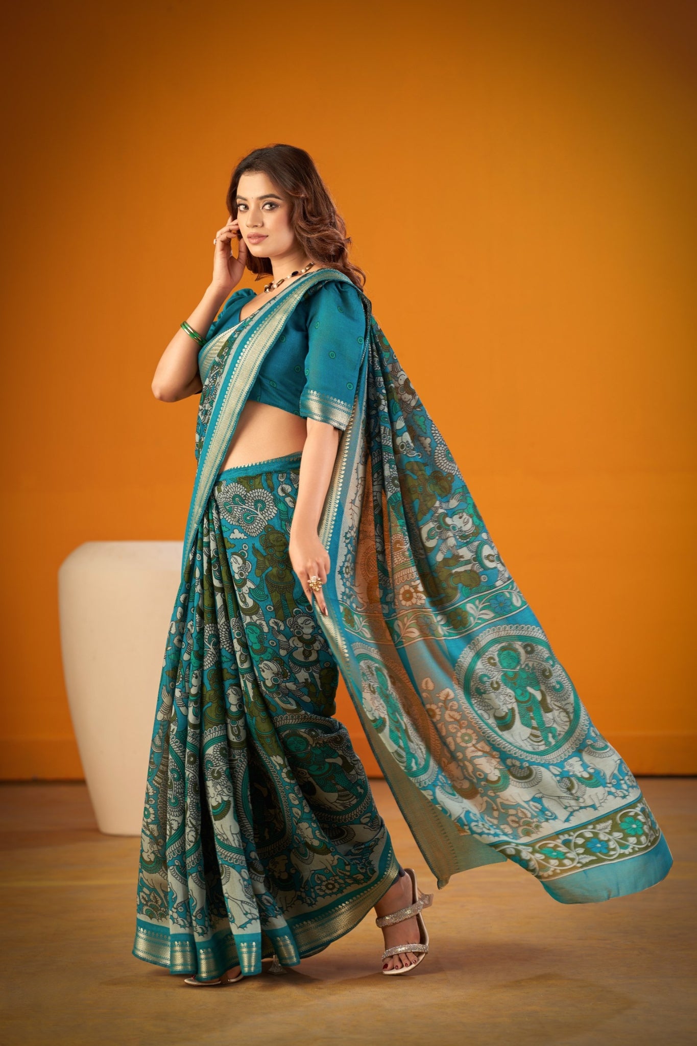 Elegant Kalamkari Chanderi Saree With Rich Zari Woven Border
