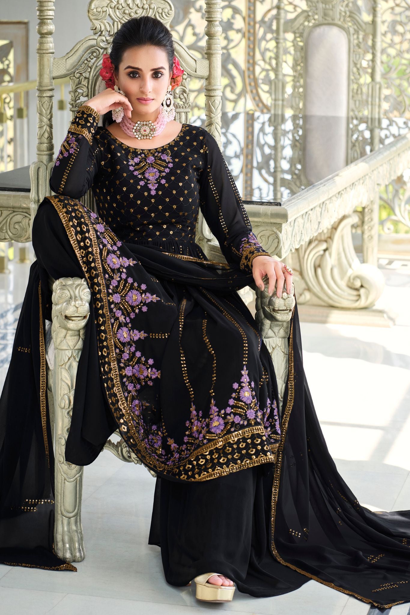 Dark Blue Designer Georgette Embroidered Work Women Suit Set