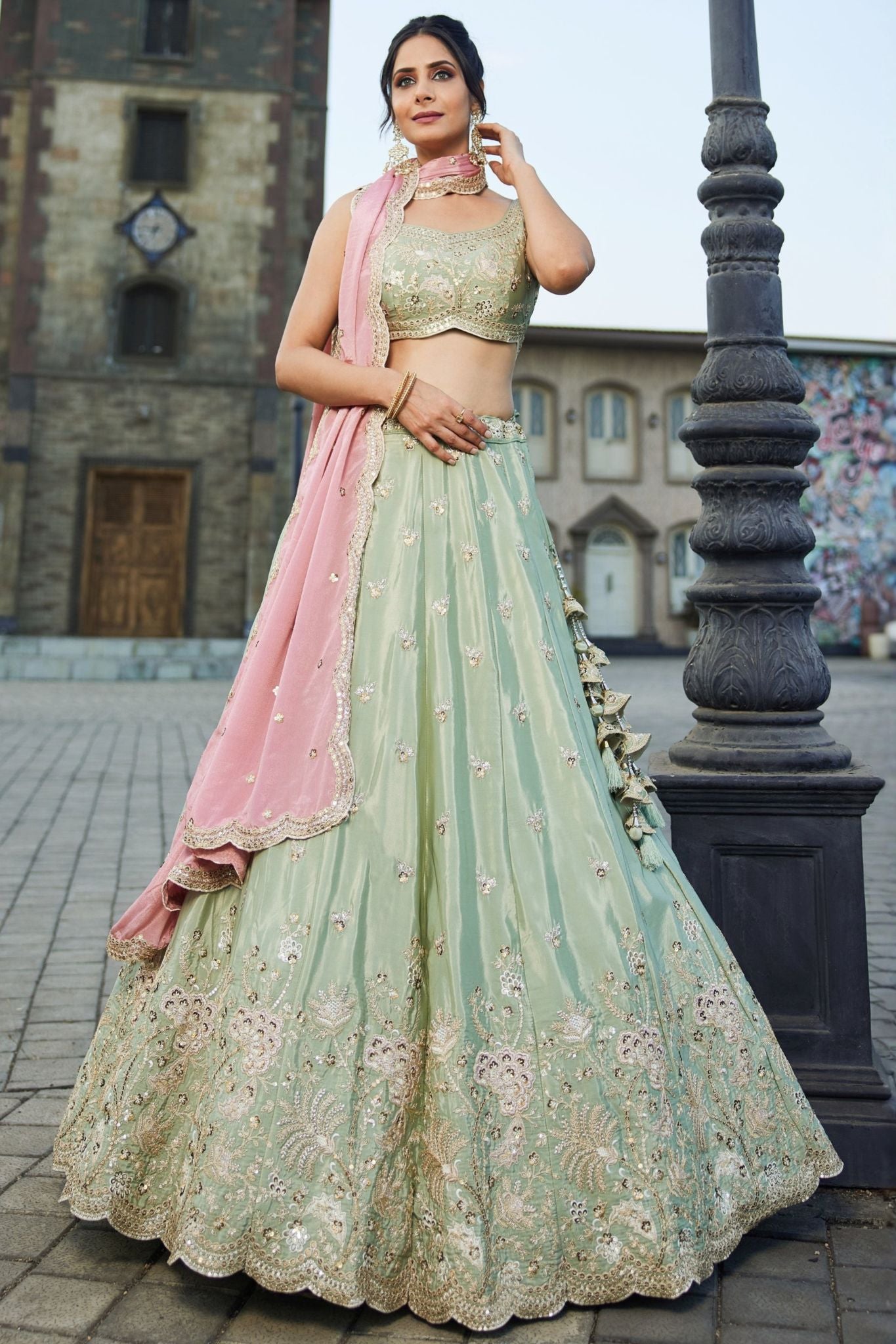 Pista Green Designer Art Silk Lehenga Choli With Zari Sequins & Dori Embroidery Work