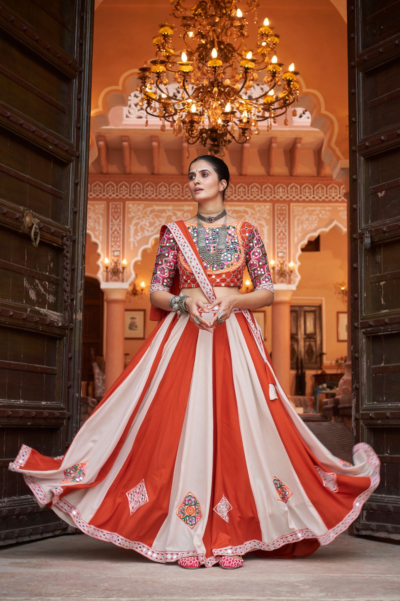 Orange Navratri Designer Embroidery With Mirror Work Lehenga Choli