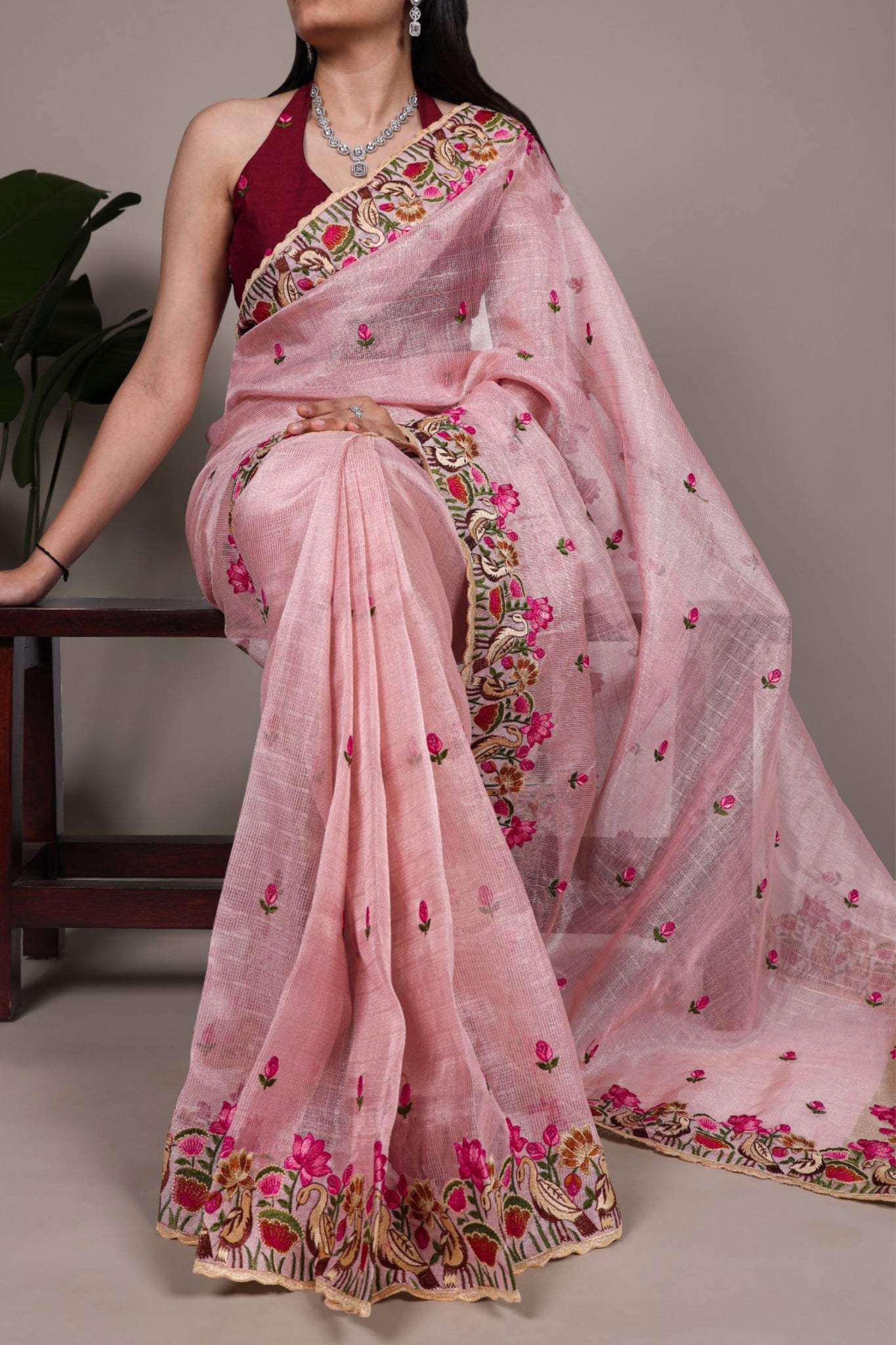 Luxury Zari Kota Tissue Designer Saree With Thread Embroidery Work