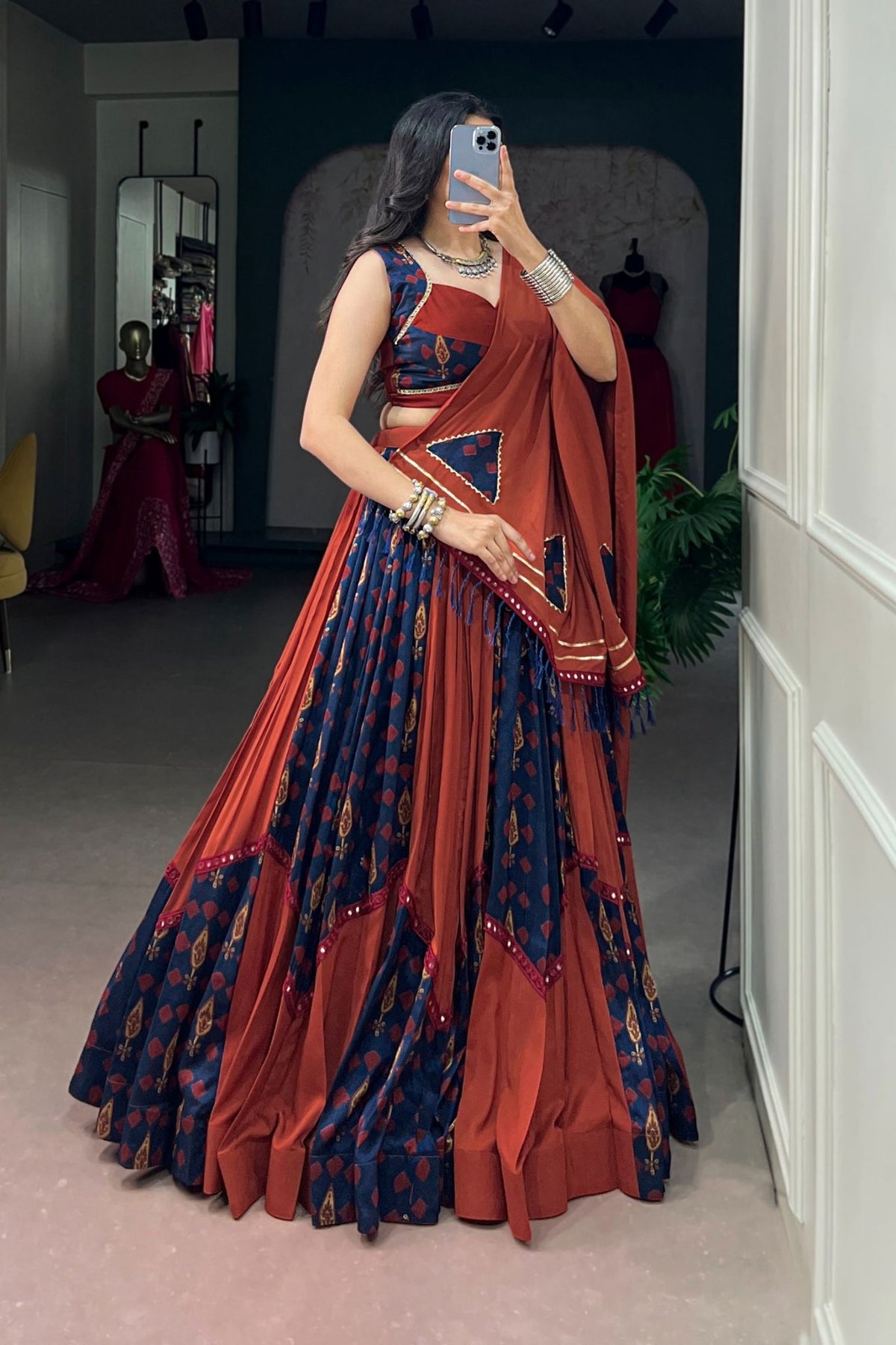 Rust Navy Navratri Designer Gamthi Mirror Work Lehenga Choli