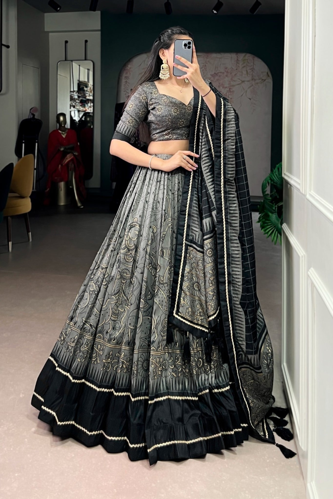 Festive Kalamkari Printed Tasar Silk Lehenga Choli With Dupatta