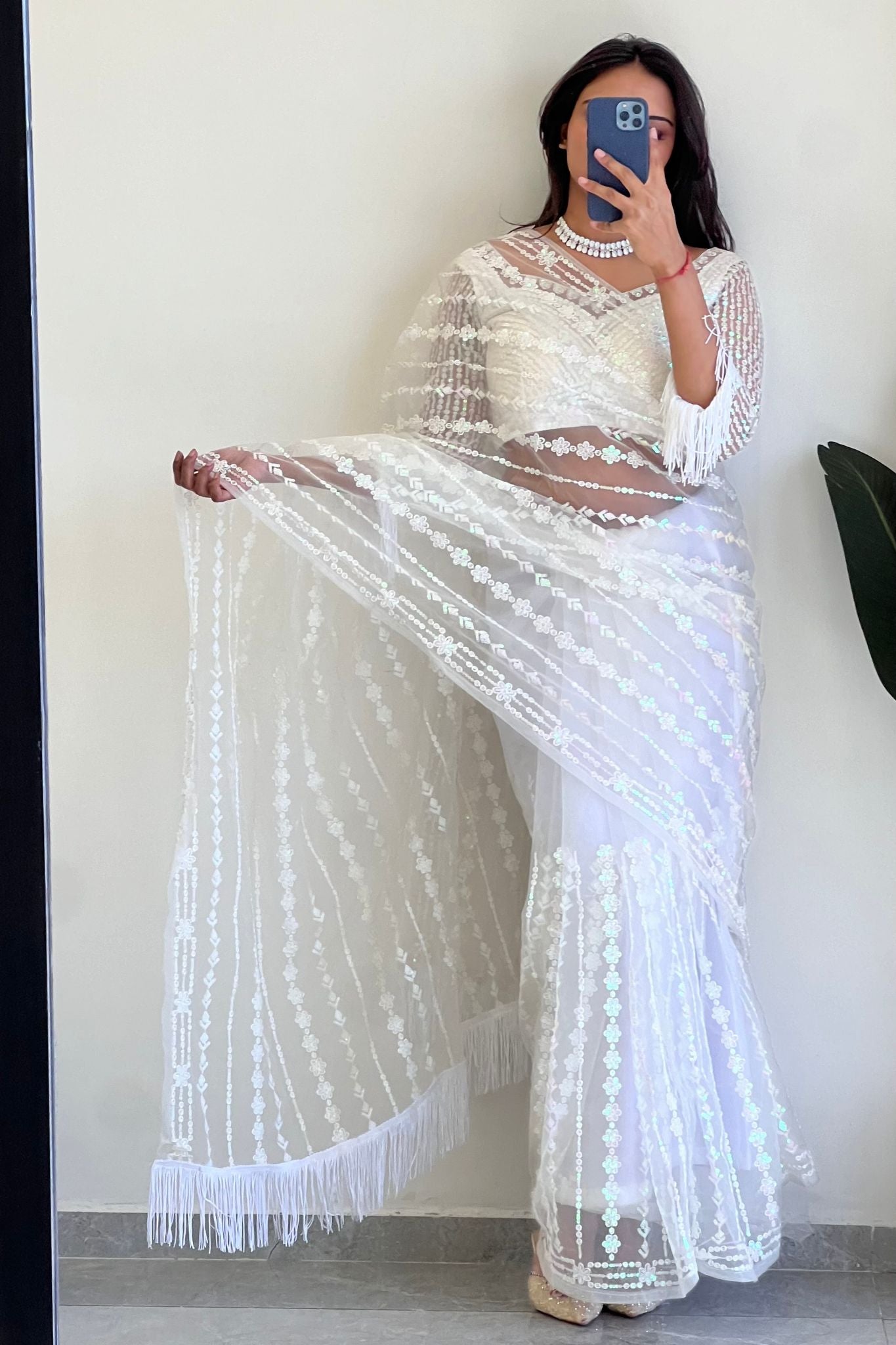 Sequence With Thread Work White Net Saree