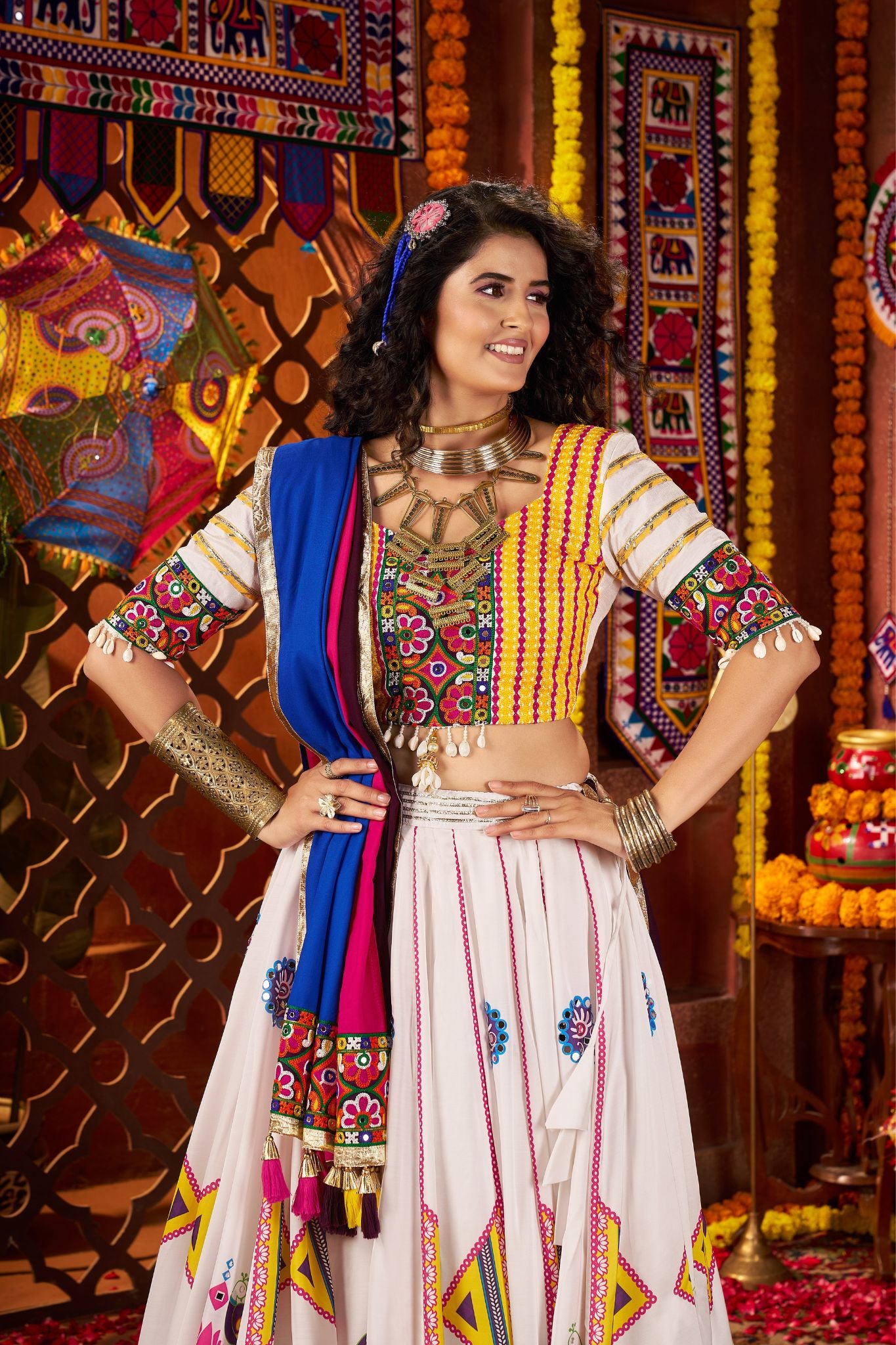 Designer White Navratri Lehenga Choli With Mirror And Hand Embroidery Work