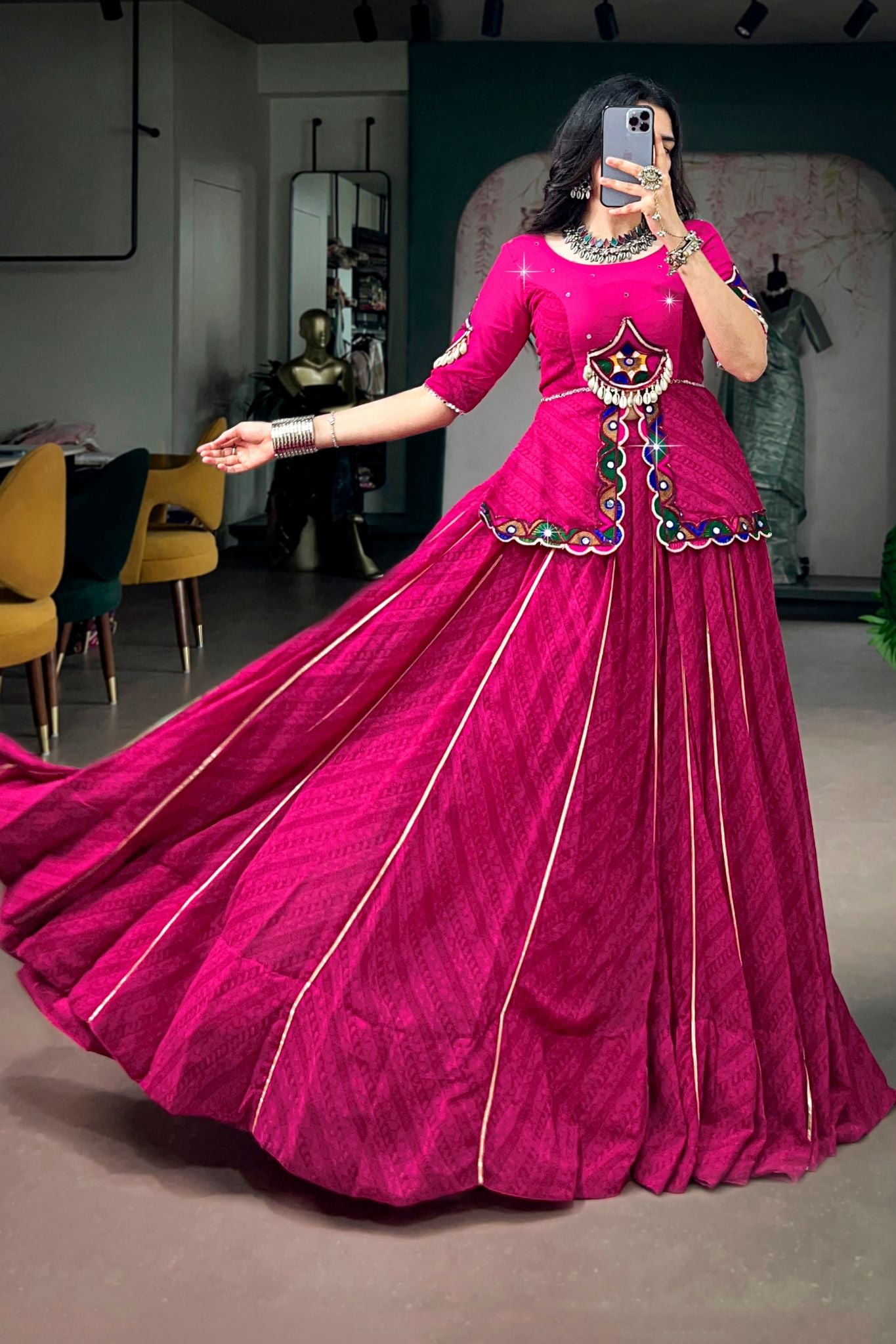 Raasrang Rani Pink Designer Navratri Special Lehenga Choli With Gamthi Mirror Work Blouse