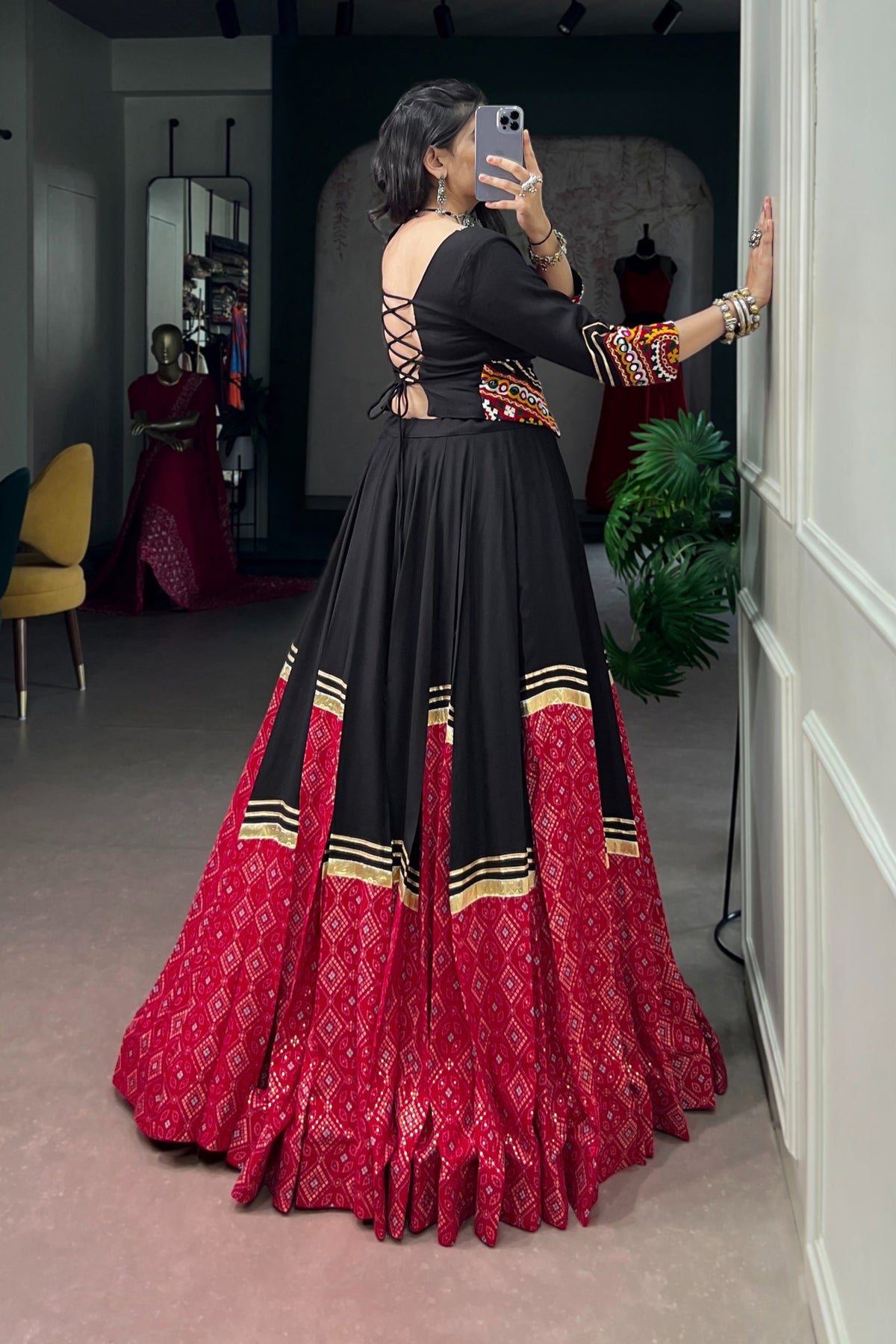 Rayon Navratri Bandhej Print Designer Gamthi Work Lehenga Choli