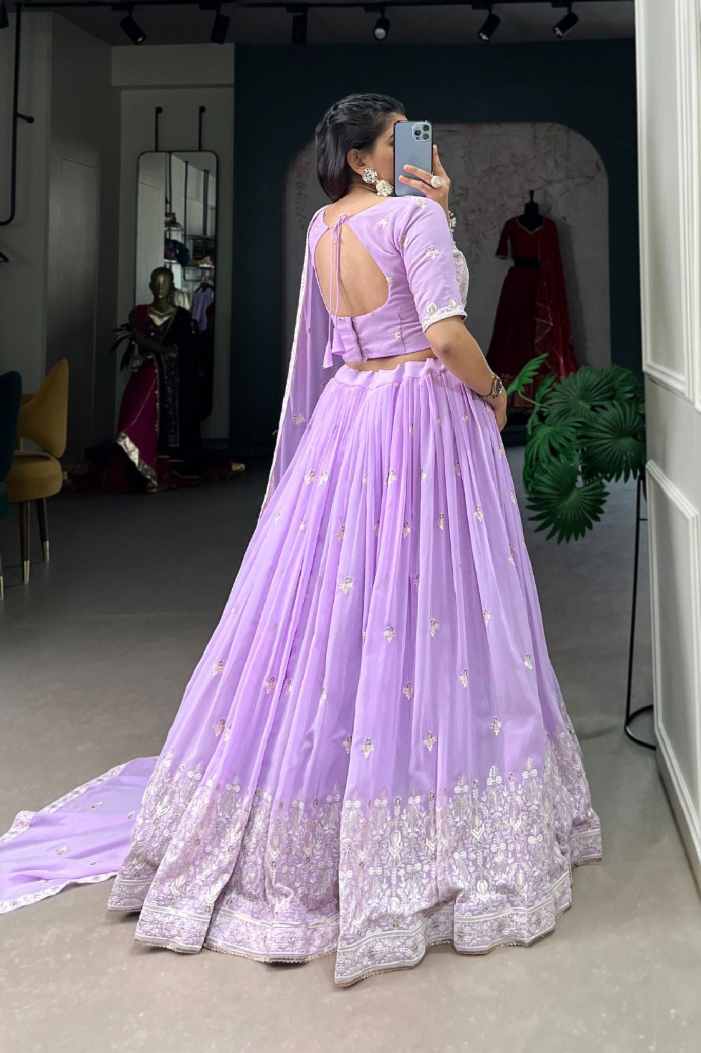 Lavender Georgette Sequins With Thread Embroidery Work Lehenga Choli