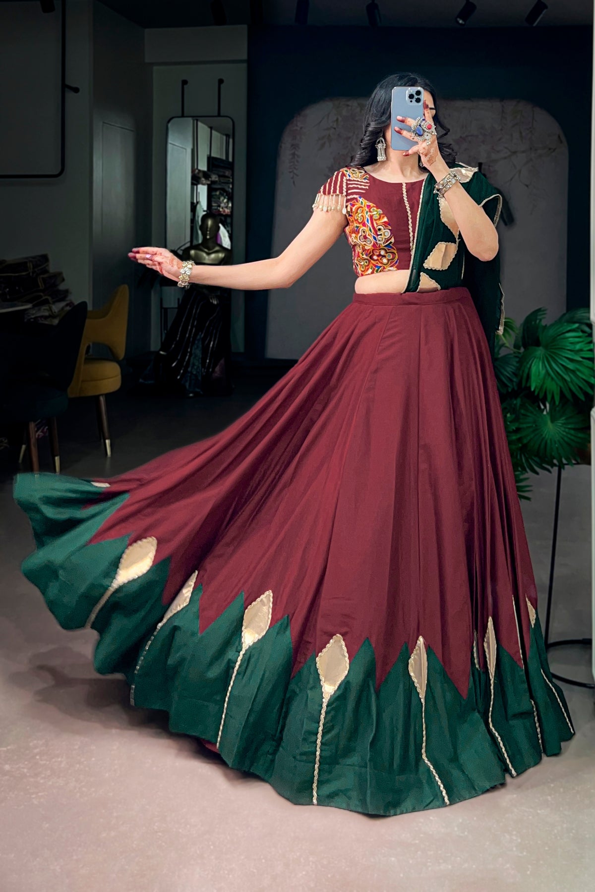 Navratri Special Designer Maroon-Green Traditional Lehenga Choli