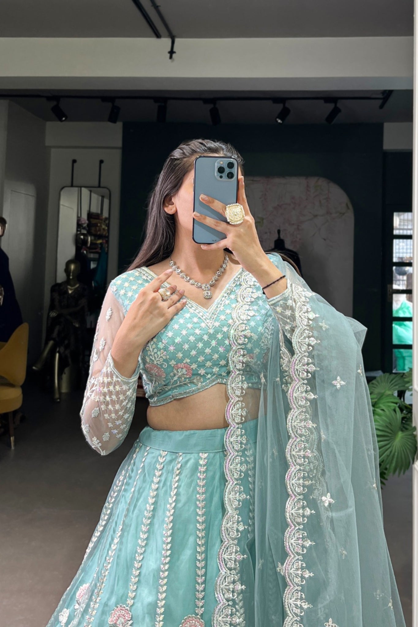 Designer Net Sequins Embroidered Lehenga Set With Dupatta