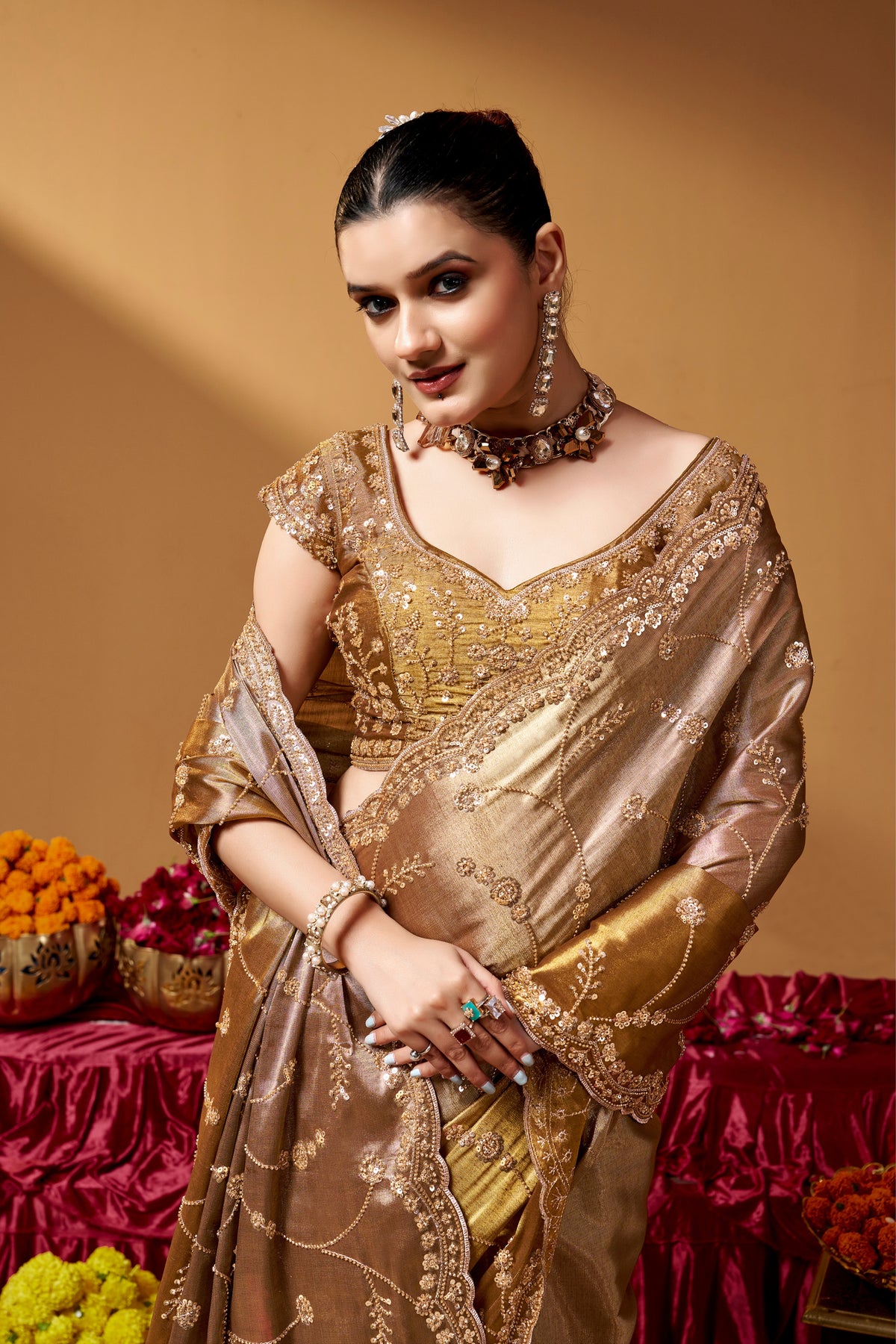 Kanjivaram Zari Tissue Designer Hand Embroider And Tube Beads Wedding Saree