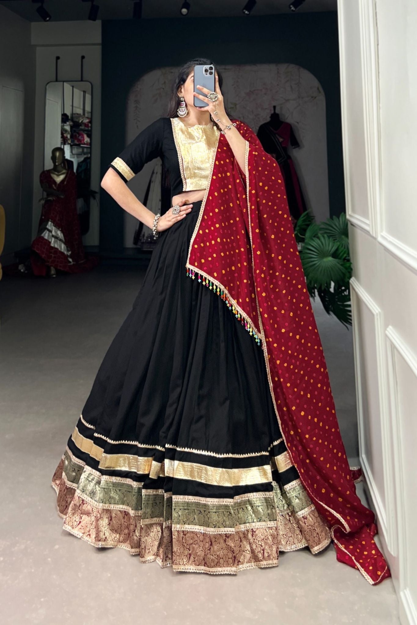 Black Stylish Jacquard Design Pure Rayon Navratri Lehenga