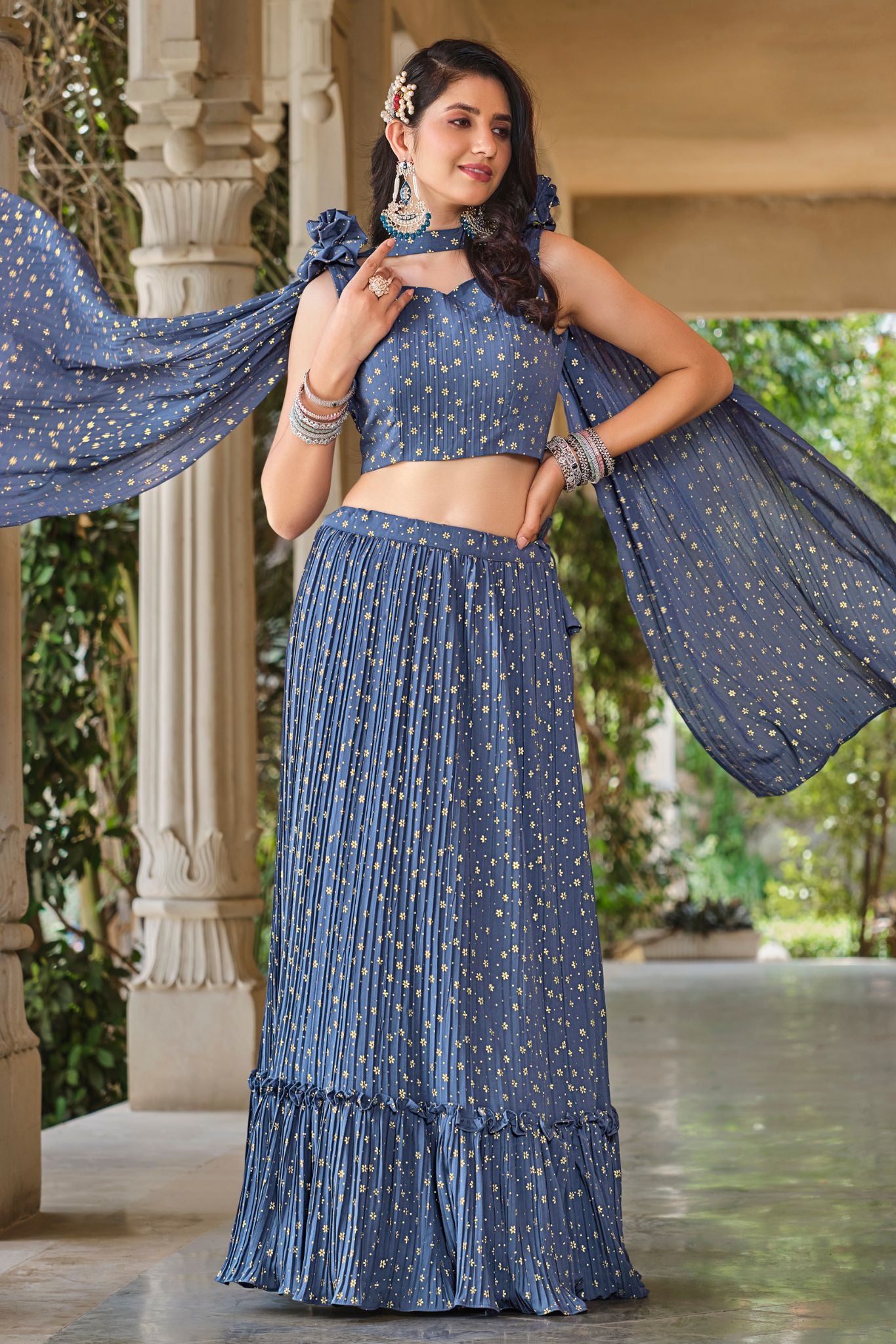 Georgette Metallic Foil Work Blue Grey Stylish Lehenga Choli